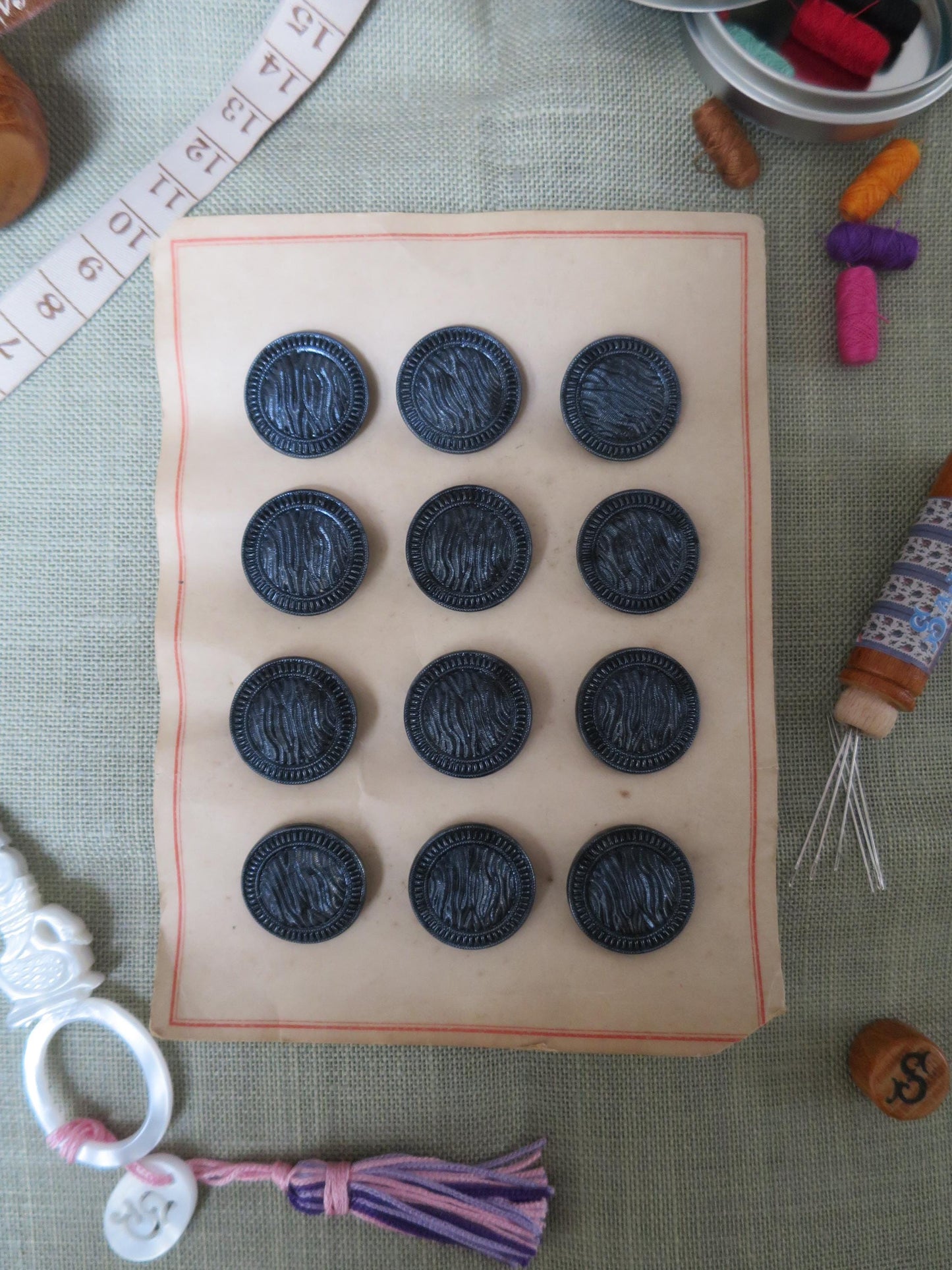 12 Antique Carded Art Deco Czechoslovakian Glass Buttons- Black Moire Texture Design