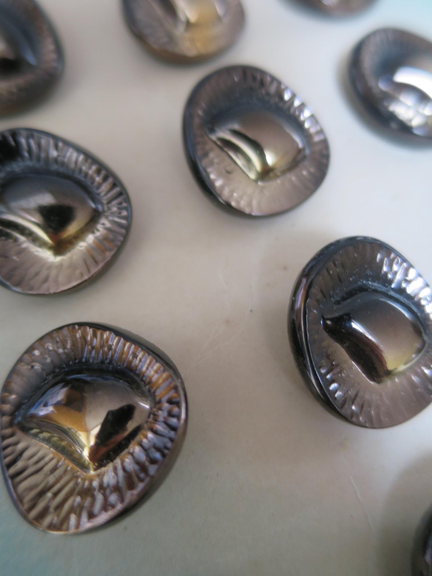 12 Antique Carded Art Deco Czechoslovakian Glass Buttons- Raised Asymetrical Design