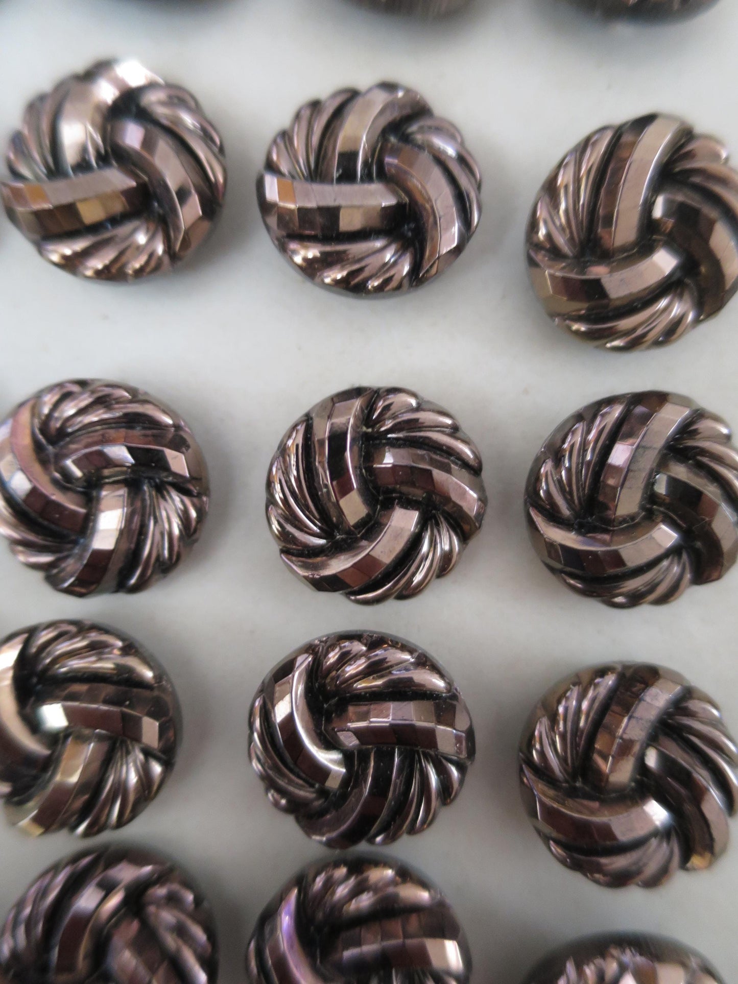 24 Antique Carded Art Deco Czechoslovakian Glass Buttons- Gold Faceted Love Knots Design