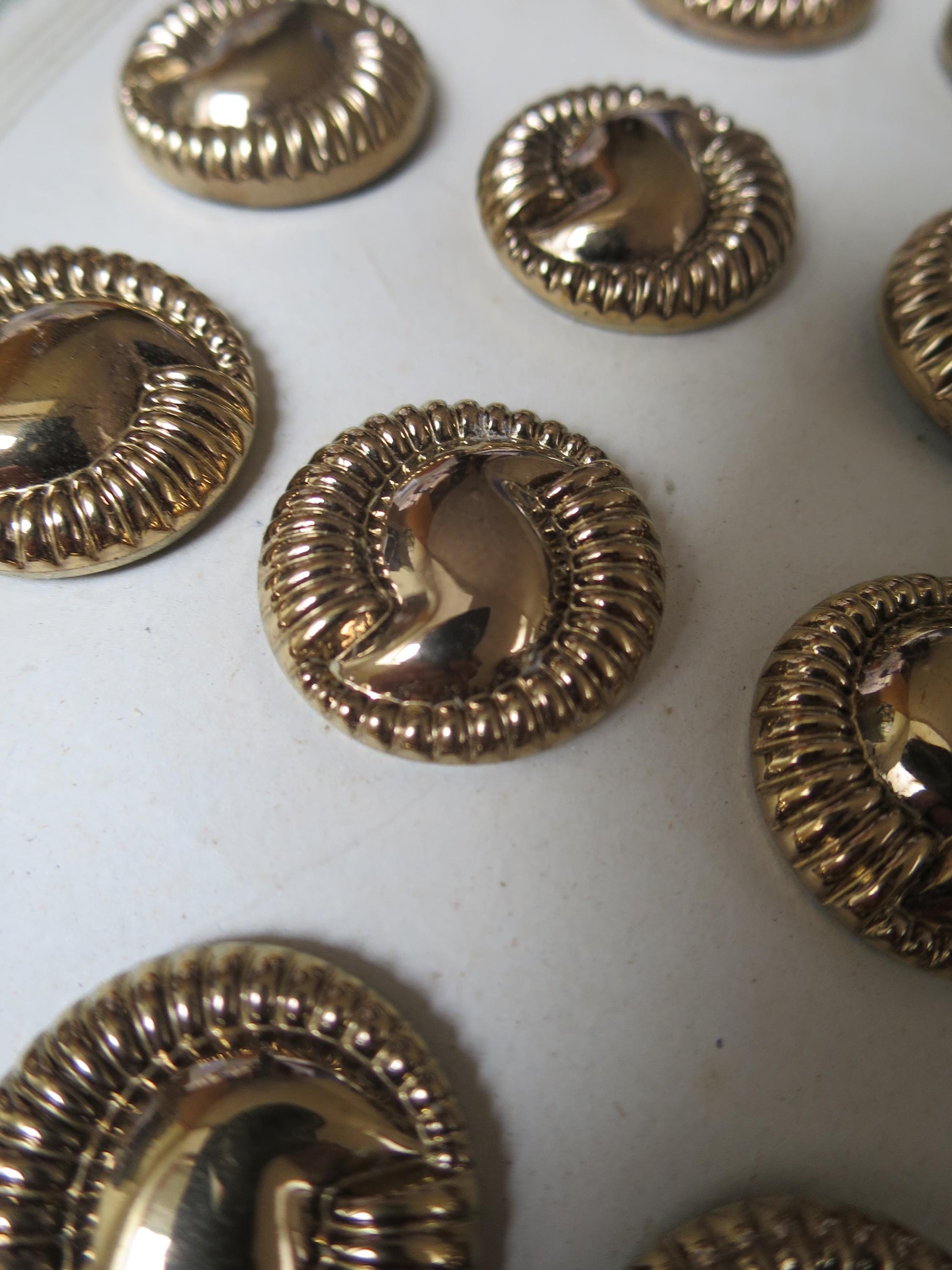12 Antique Carded Art Deco Czechoslovakian Glass Buttons- Gold Swirl Design