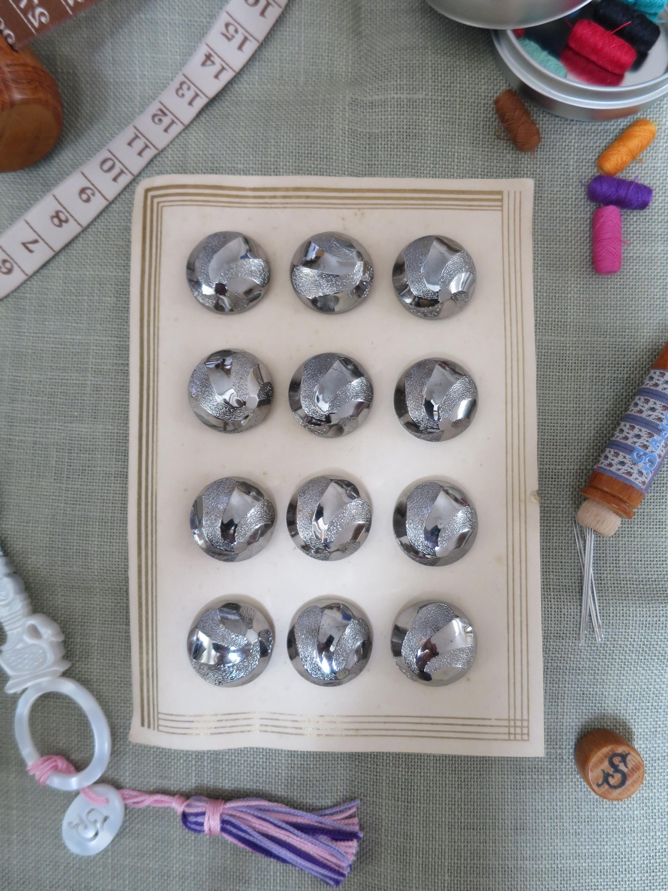 12 Antique Carded Art Deco Czechoslovakian Glass Buttons- Chrome Stippled Swirls Design