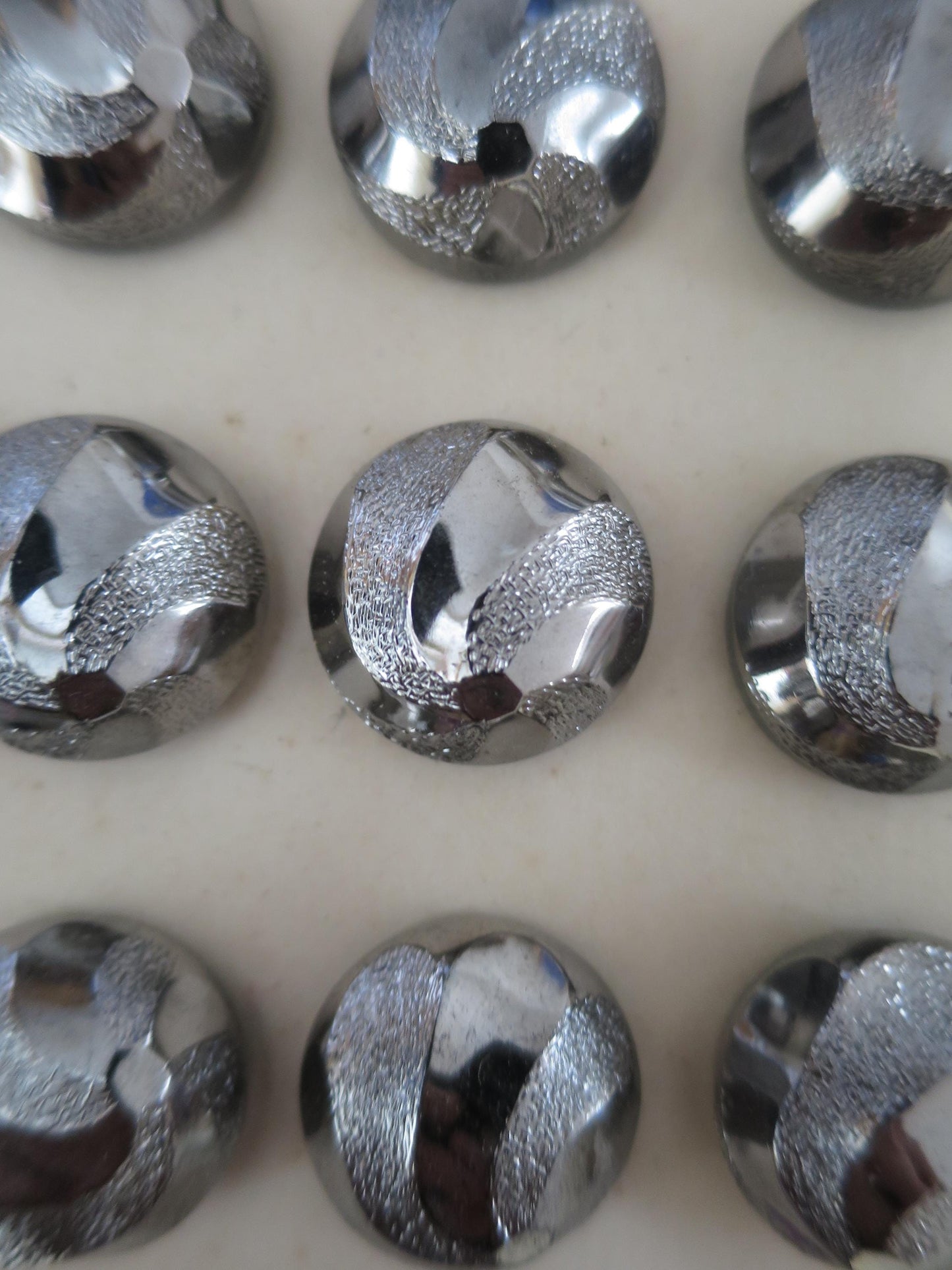 12 Antique Carded Art Deco Czechoslovakian Glass Buttons- Chrome Stippled Swirls Design