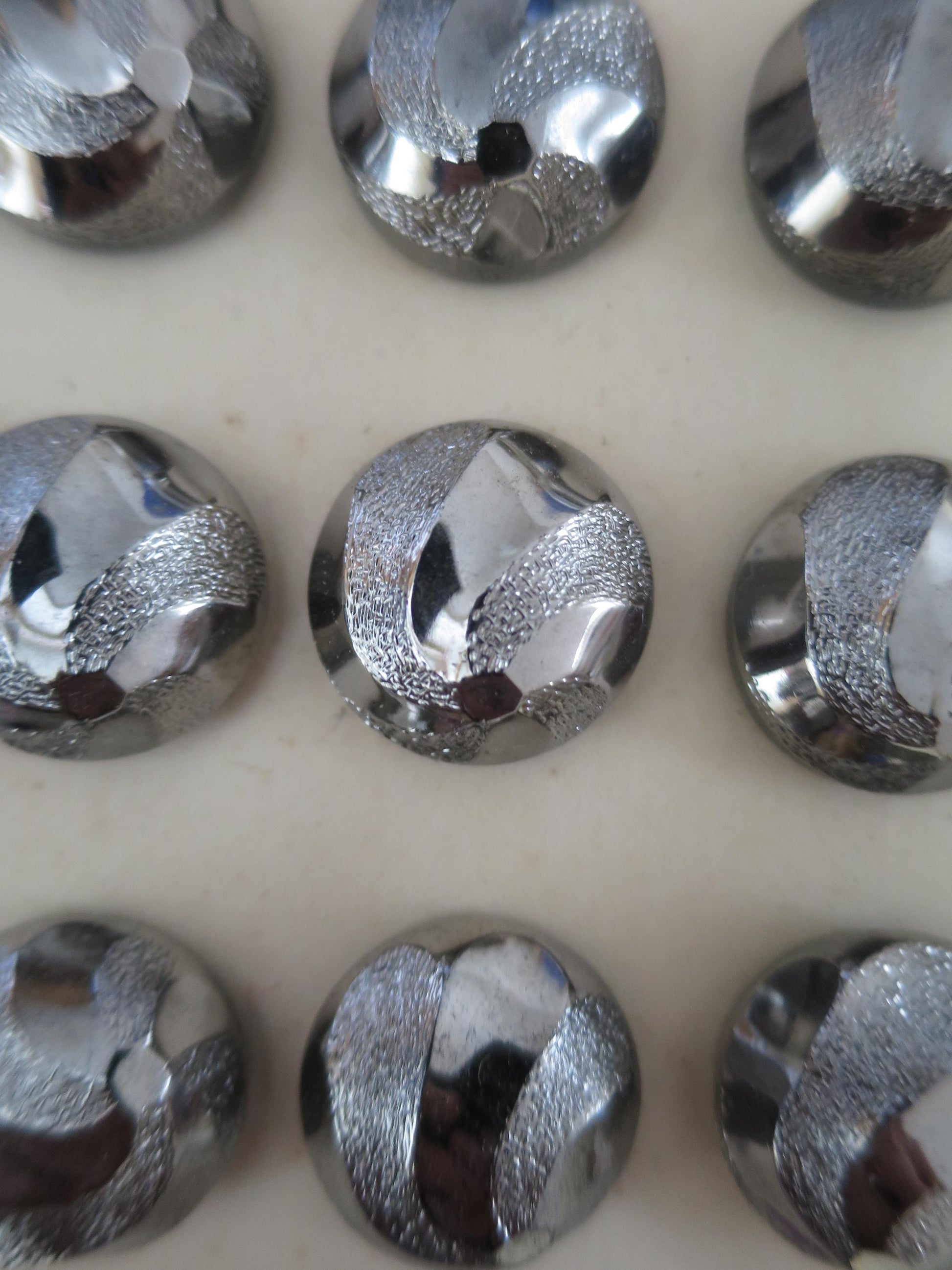 12 Antique Carded Art Deco Czechoslovakian Glass Buttons- Chrome Stippled Swirls Design