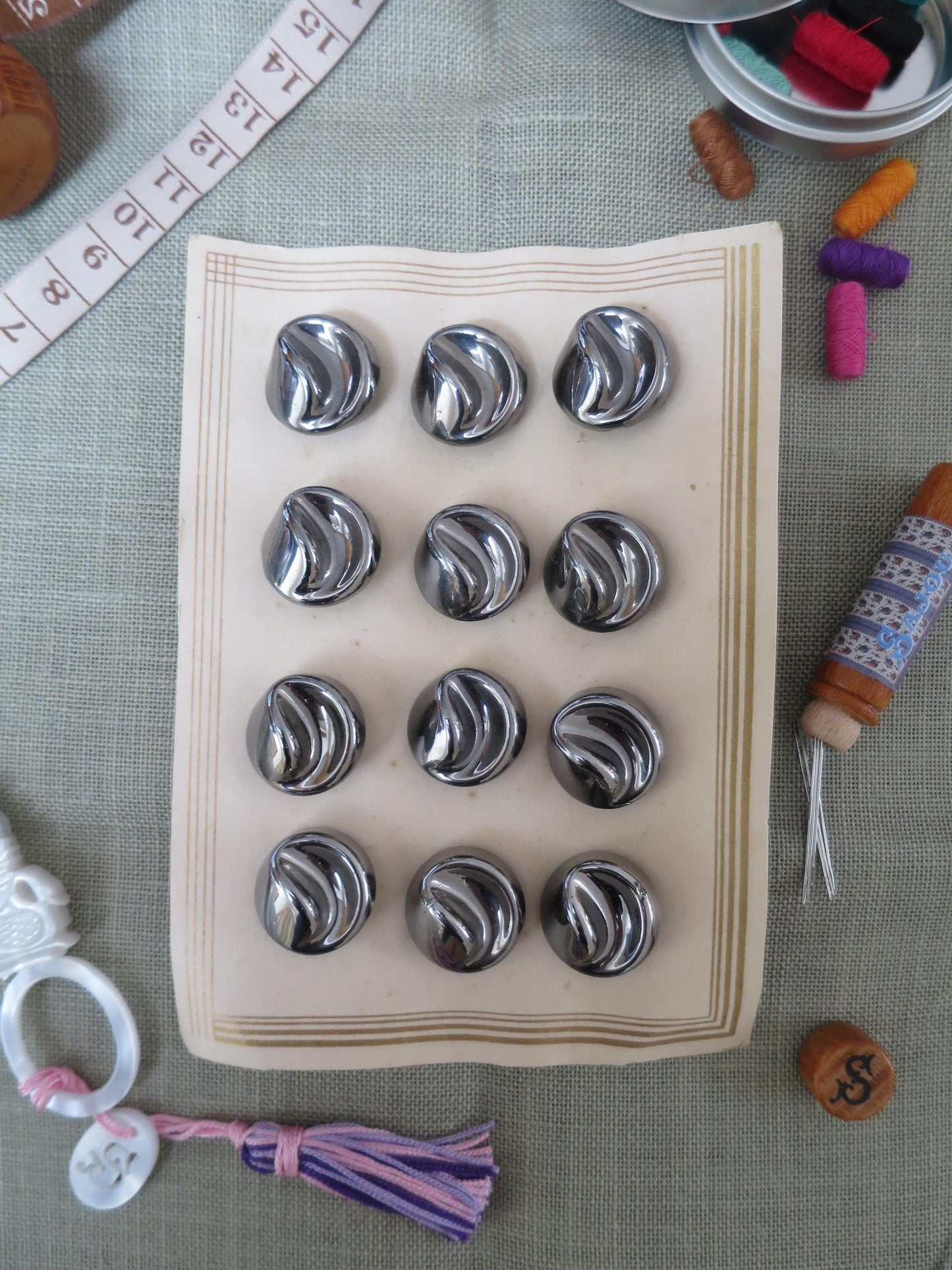 12 Antique Carded Art Deco Czechoslovakian Glass Buttons- Steel Organic Swirls Design