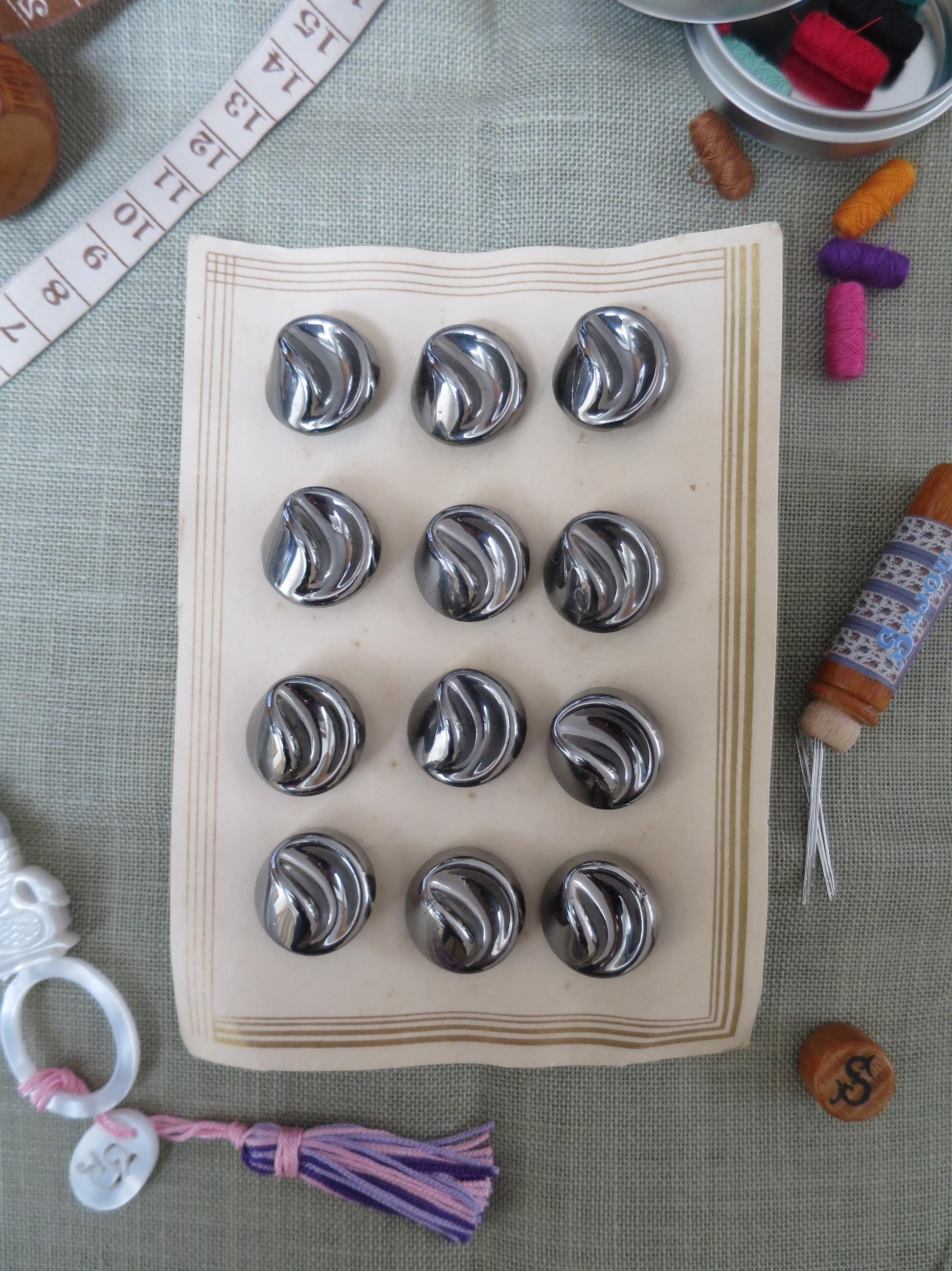 12 Antique Carded Art Deco Czechoslovakian Glass Buttons- Steel Organic Swirls Design