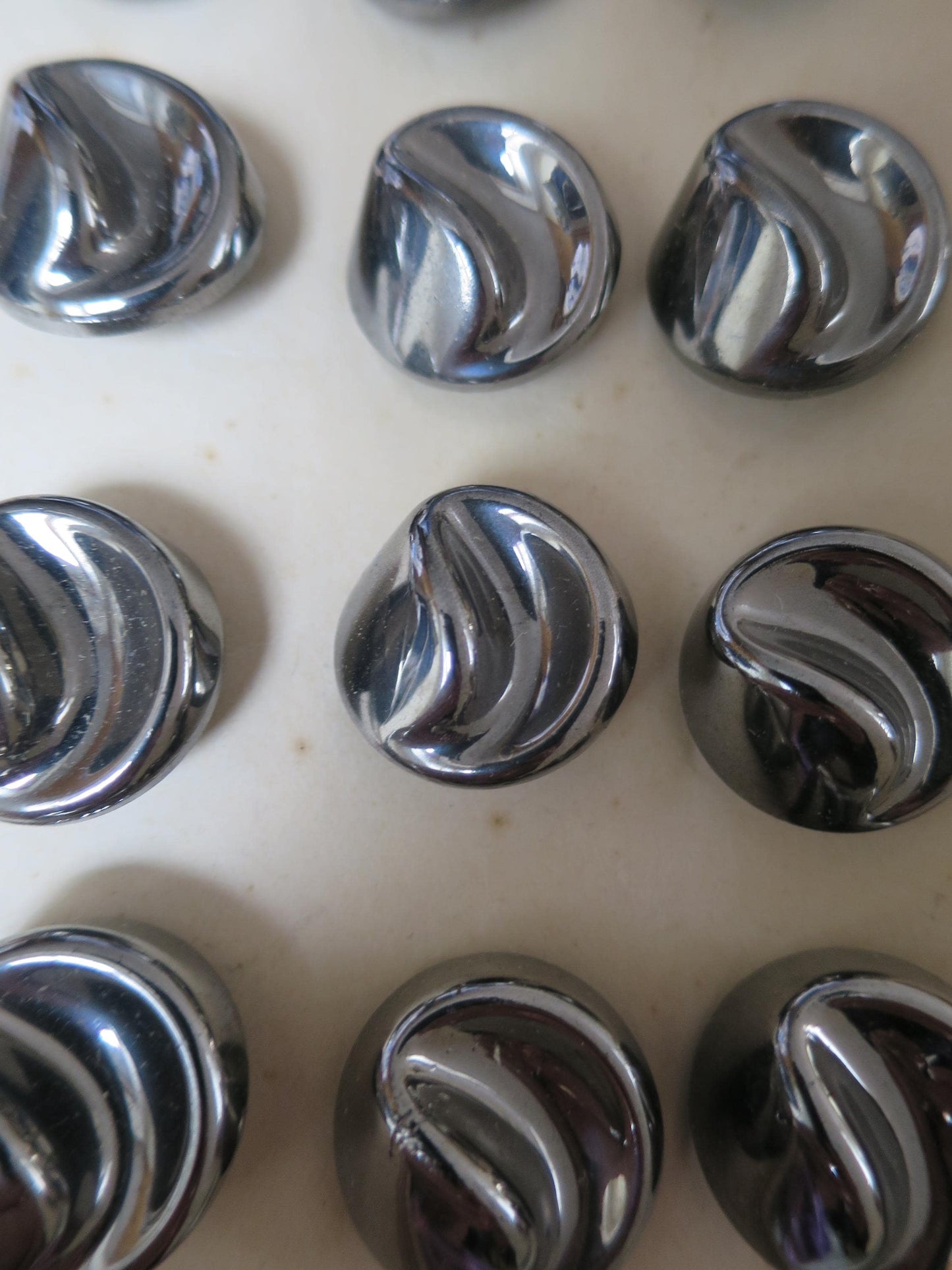 12 Antique Carded Art Deco Czechoslovakian Glass Buttons- Steel Organic Swirls Design