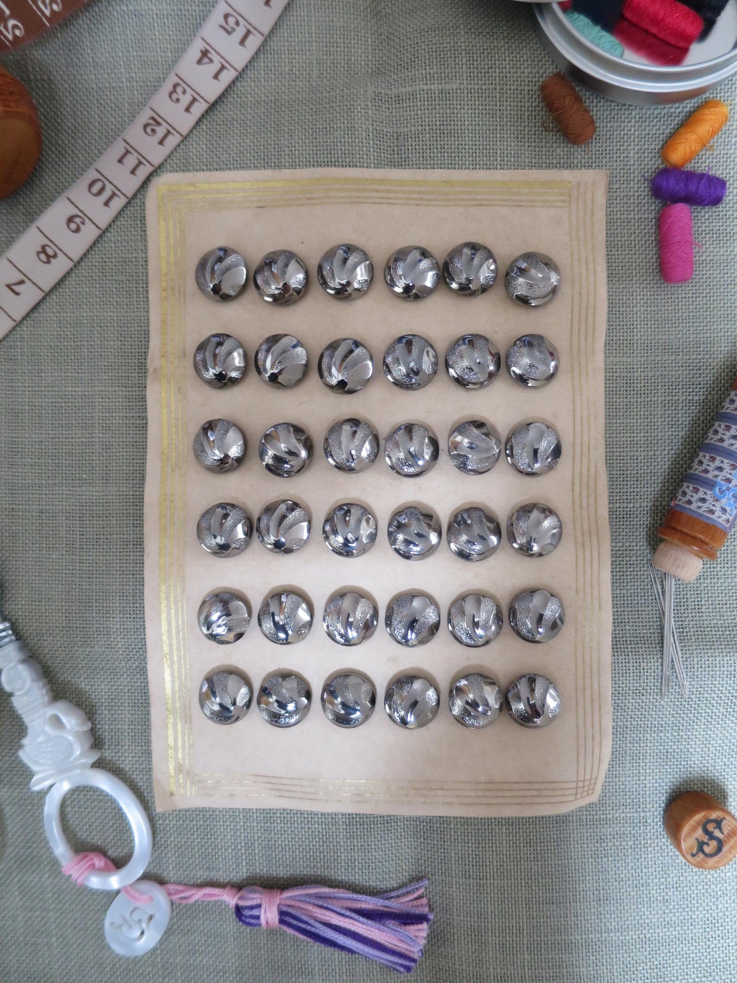 36 Antique Carded Art Deco Czechoslovakian Glass Buttons- Chrome Stippled Swirls Design