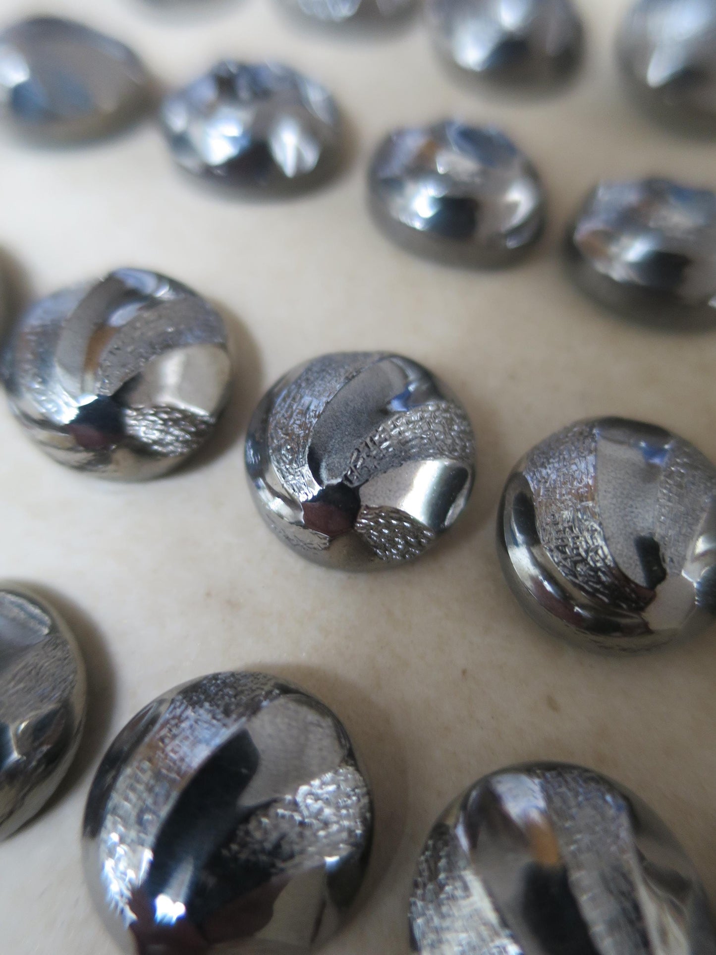 36 Antique Carded Art Deco Czechoslovakian Glass Buttons- Chrome Stippled Swirls Design