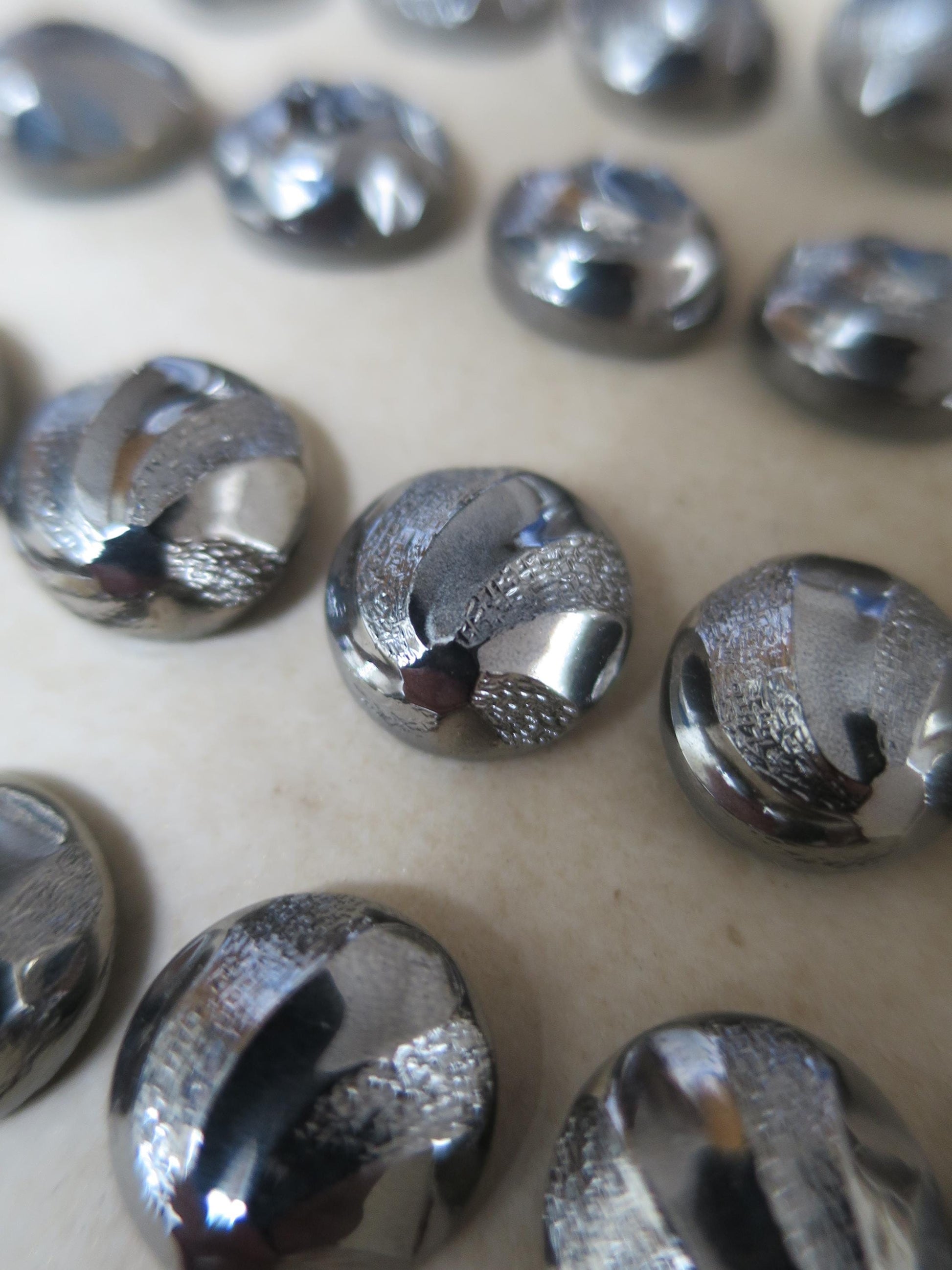 36 Antique Carded Art Deco Czechoslovakian Glass Buttons- Chrome Stippled Swirls Design