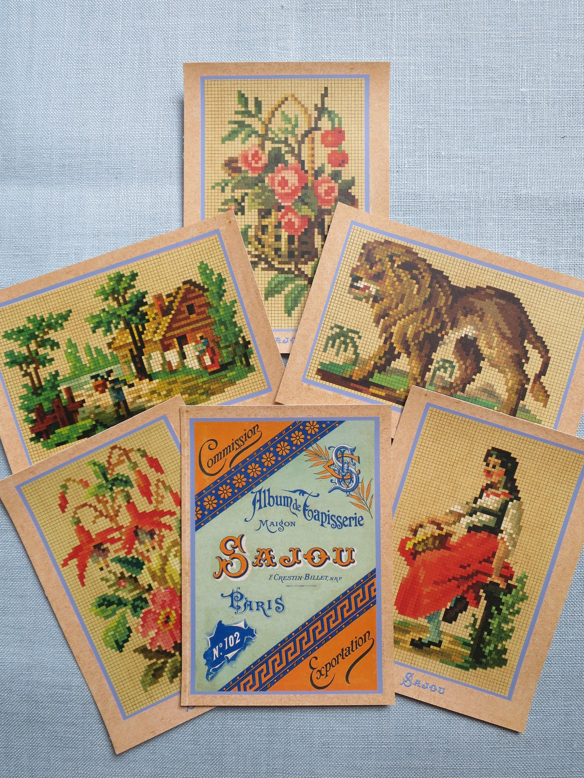 Sajou Six Vintage Tapestry Postcards- Serie 3 Scenes & Flowers