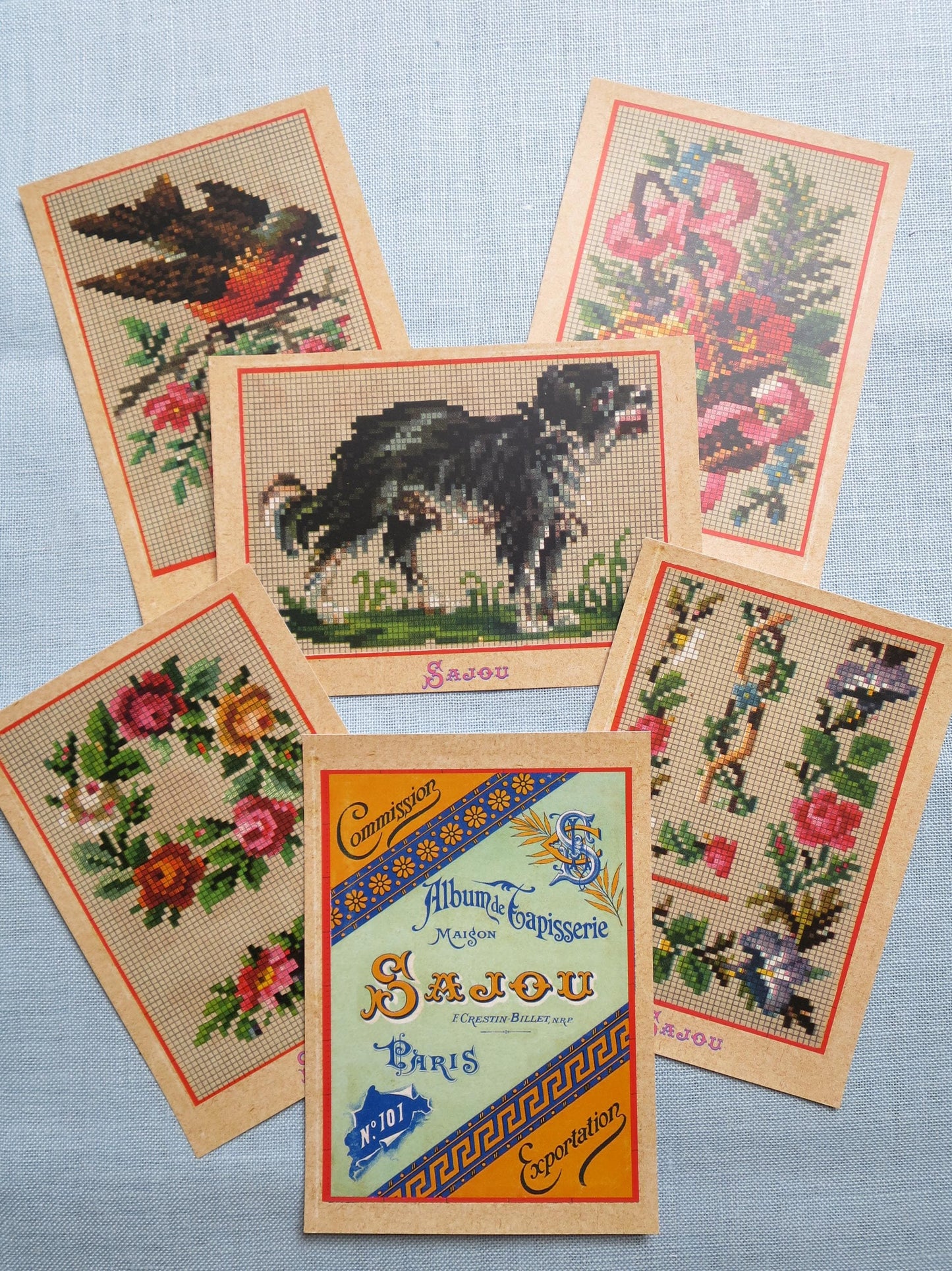 Sajou 6 Cross Stitch Chart Postcards- Serie 2- Dog Bird & Flowers