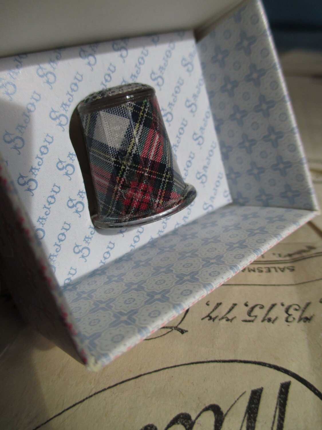 Sajou French Luxury Thimble- Mauchaline Ware Scottish Tartan