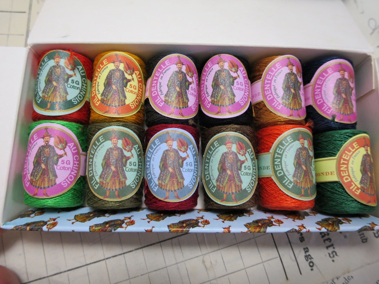 Sajou Box 12 Fil au Chinois Calais Lace Making Thread Cocoons- Assortment No.3- Sharp Tones