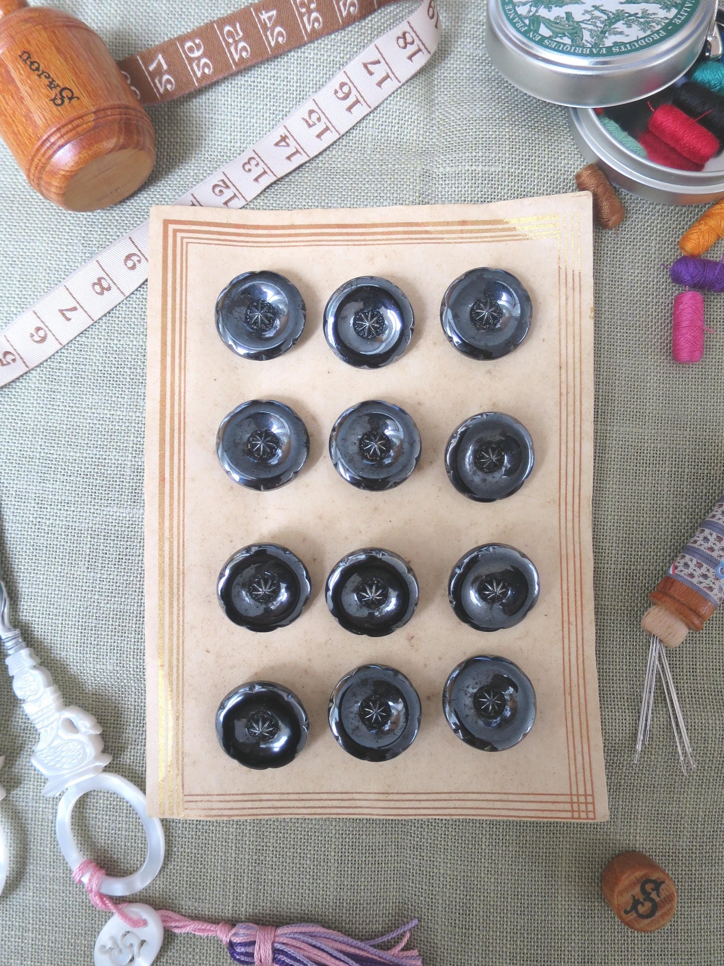 24 Antique Carded Art Deco Czechoslovakian Glass Buttons- Silver Convex Curve