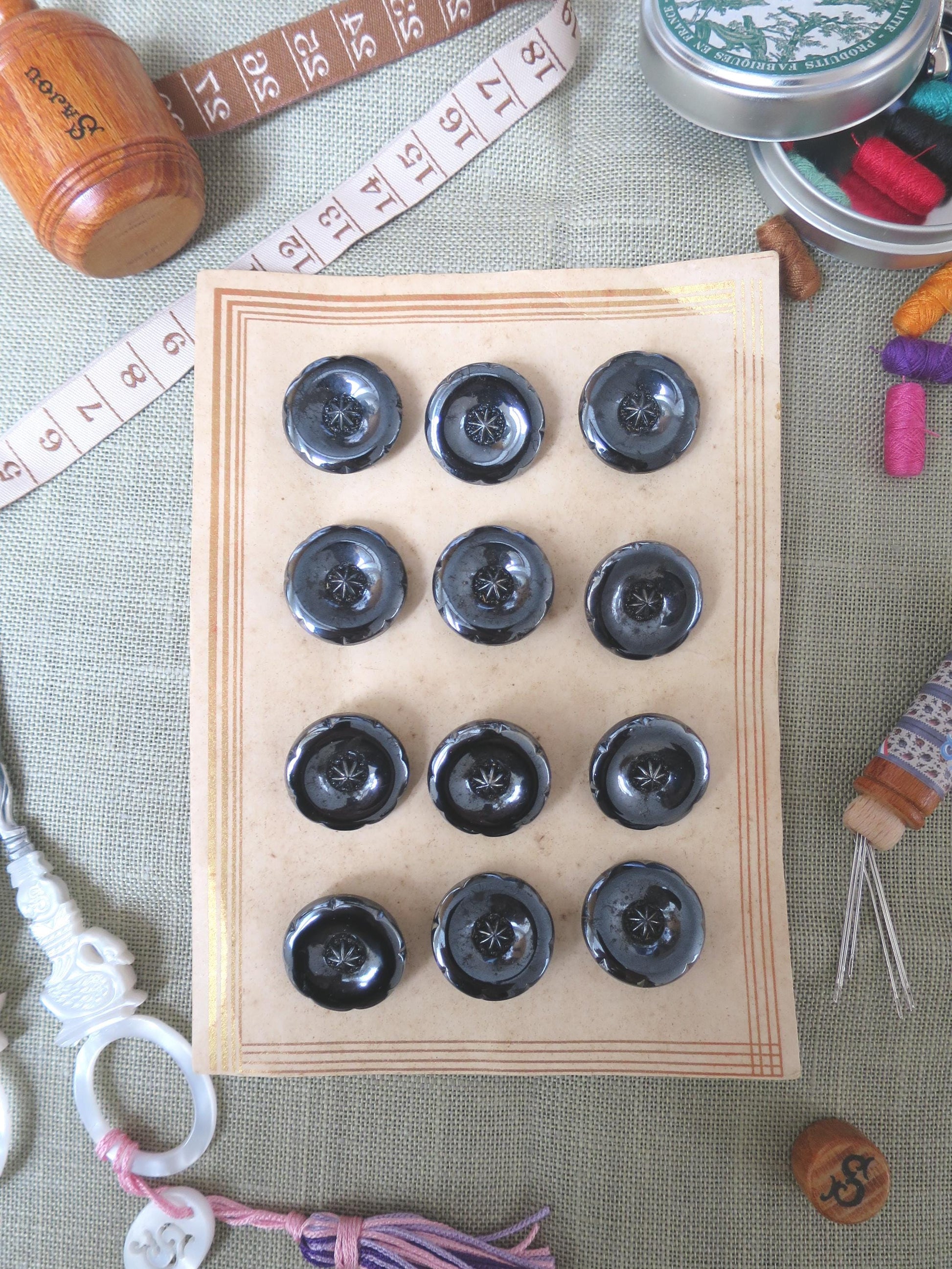 24 Antique Carded Art Deco Czechoslovakian Glass Buttons- Silver Convex Curve
