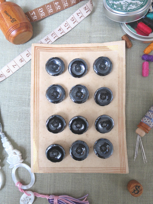 24 Antique Carded Art Deco Czechoslovakian Glass Buttons- Silver Convex Curve