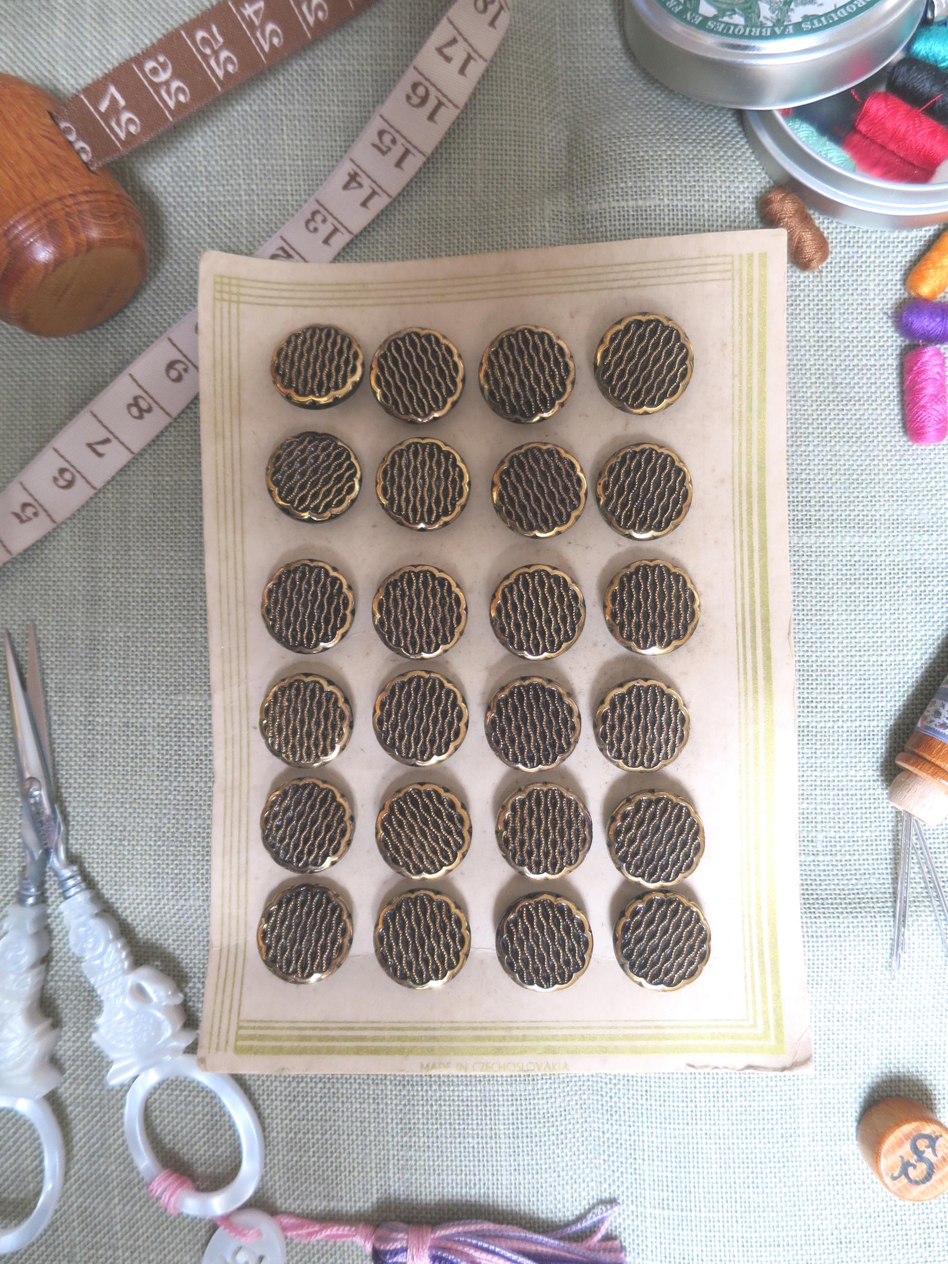 18 Antique Carded Art Deco Czechoslovakian Glass Buttons- Black & Gold- Parallel Waves Design