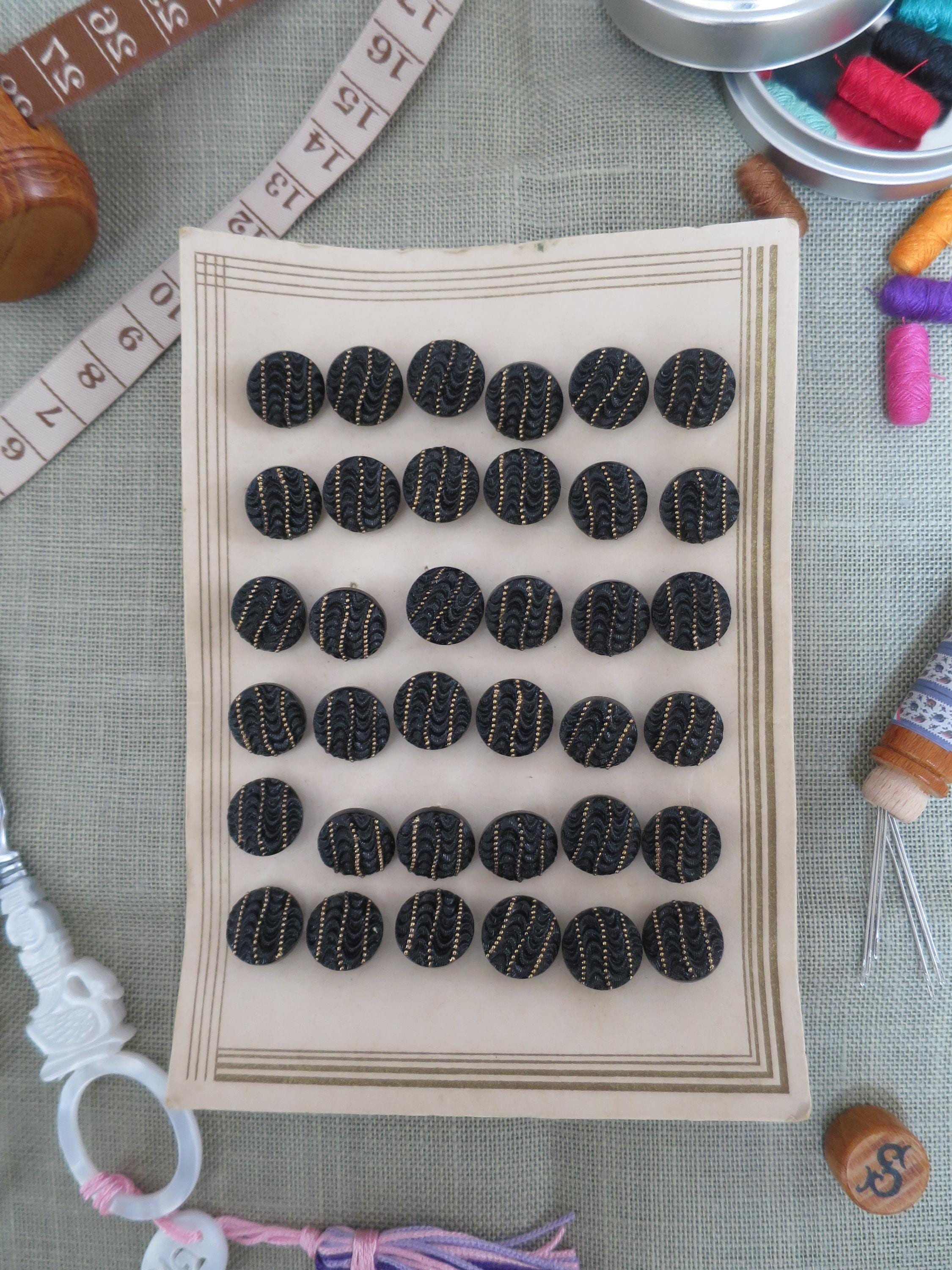 36 Antique Carded Art Deco Czechoslovakian Glass Buttons- Black & Gold Waves and Dots Design