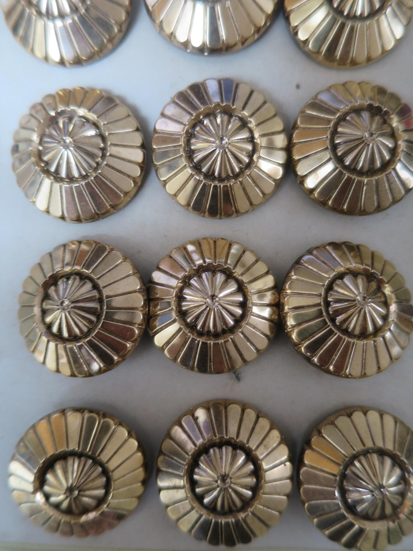 12 Antique Carded Art Deco Czechoslovakian Glass Buttons- Gold- 2 Tiered Radial Design