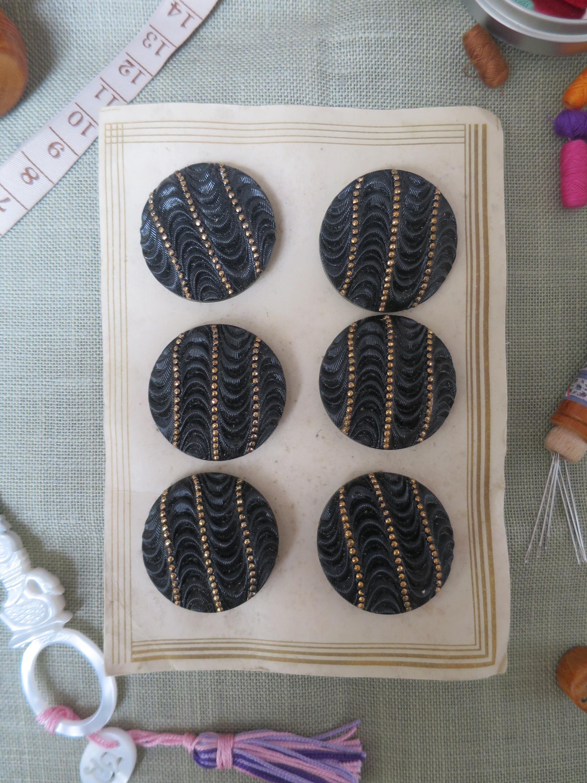 12 Antique Carded Art Deco Czechoslovakian Glass Buttons- Black & Gold Waves and Dots Design