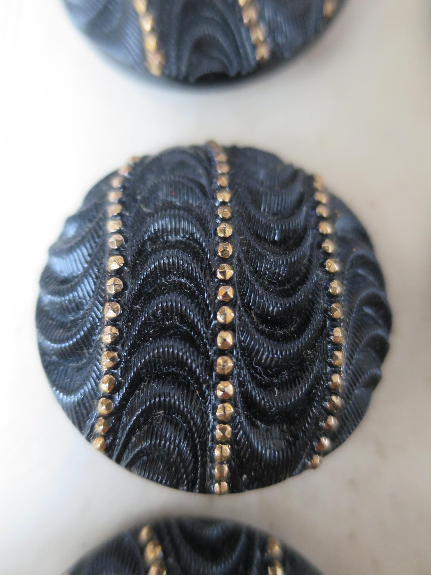 12 Antique Carded Art Deco Czechoslovakian Glass Buttons- Black & Gold Waves and Dots Design