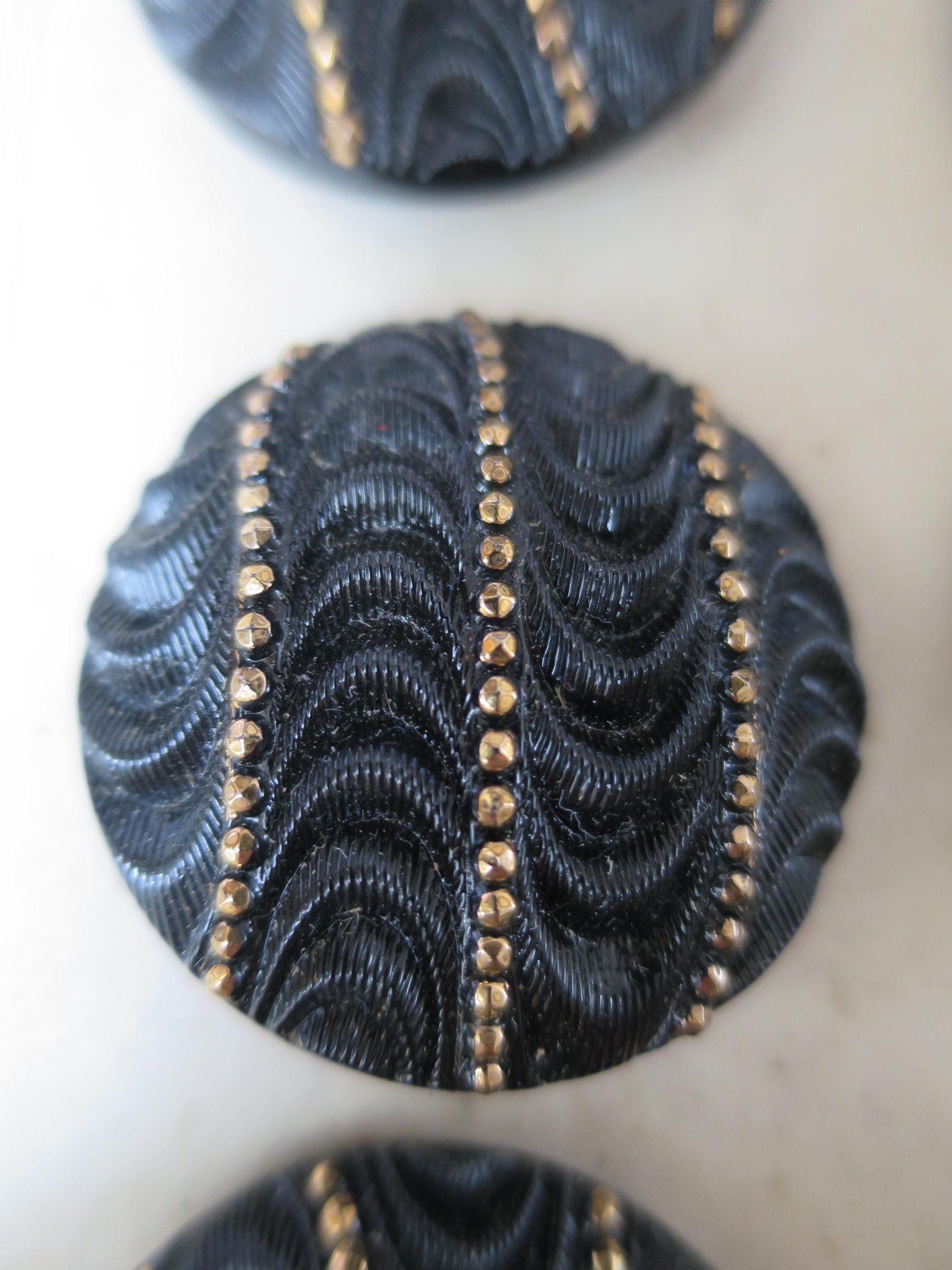 12 Antique Carded Art Deco Czechoslovakian Glass Buttons- Black & Gold Waves and Dots Design