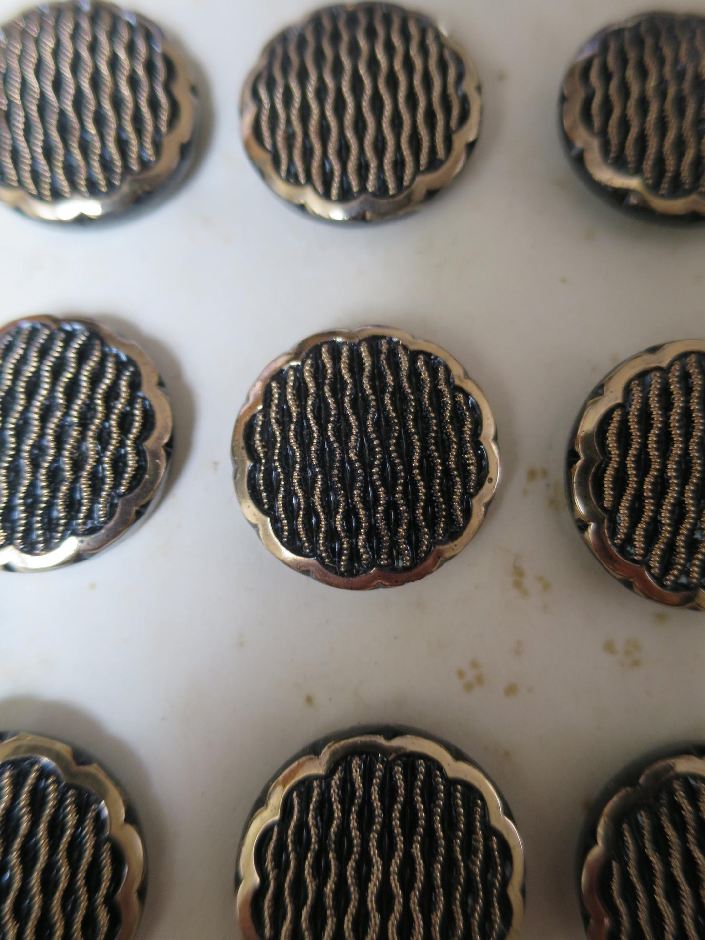 12 Antique Carded Art Deco Czechoslovakian Glass Buttons- Black & Gold- Parallel Waves Design