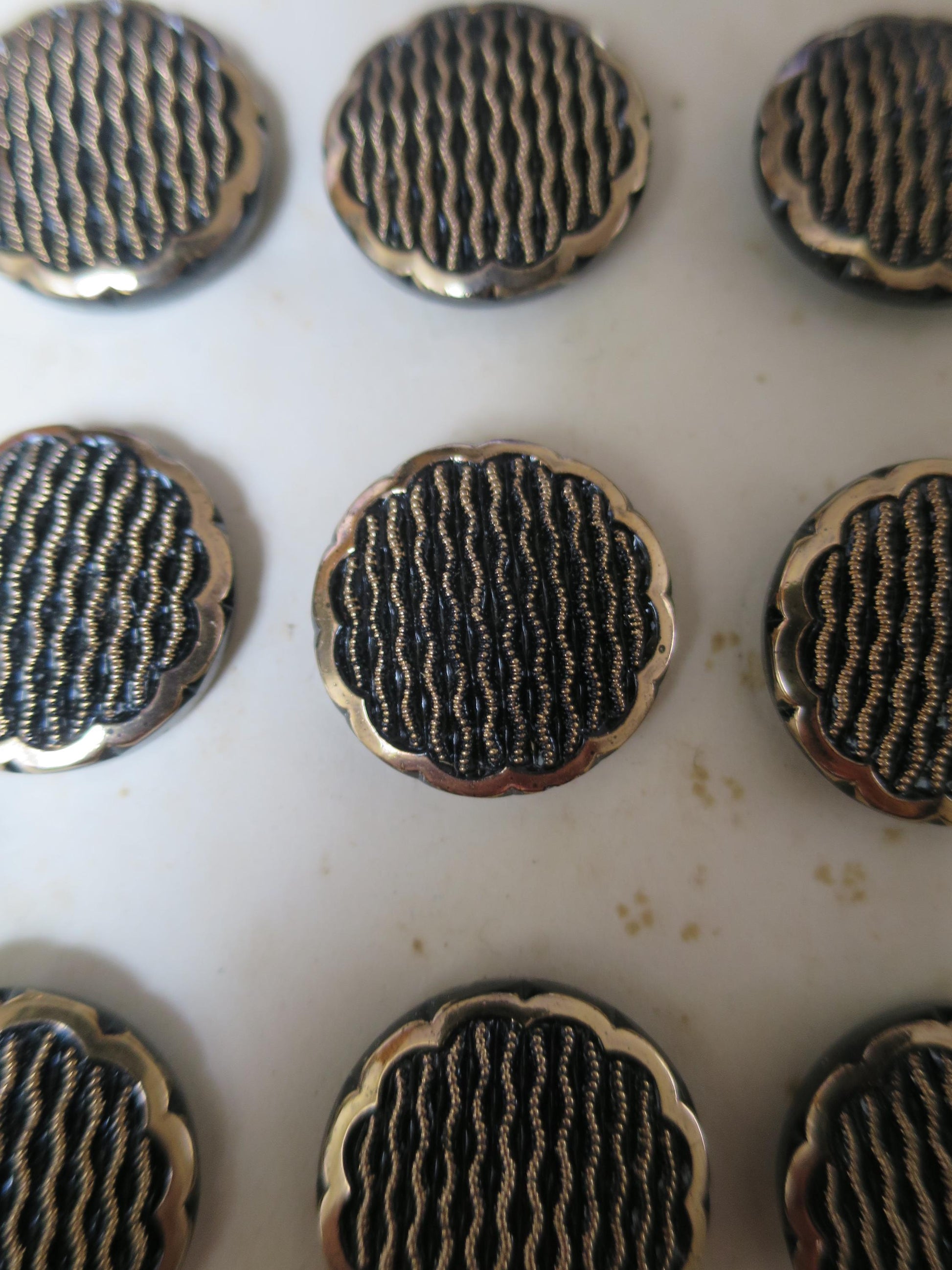 12 Antique Carded Art Deco Czechoslovakian Glass Buttons- Black & Gold- Parallel Waves Design
