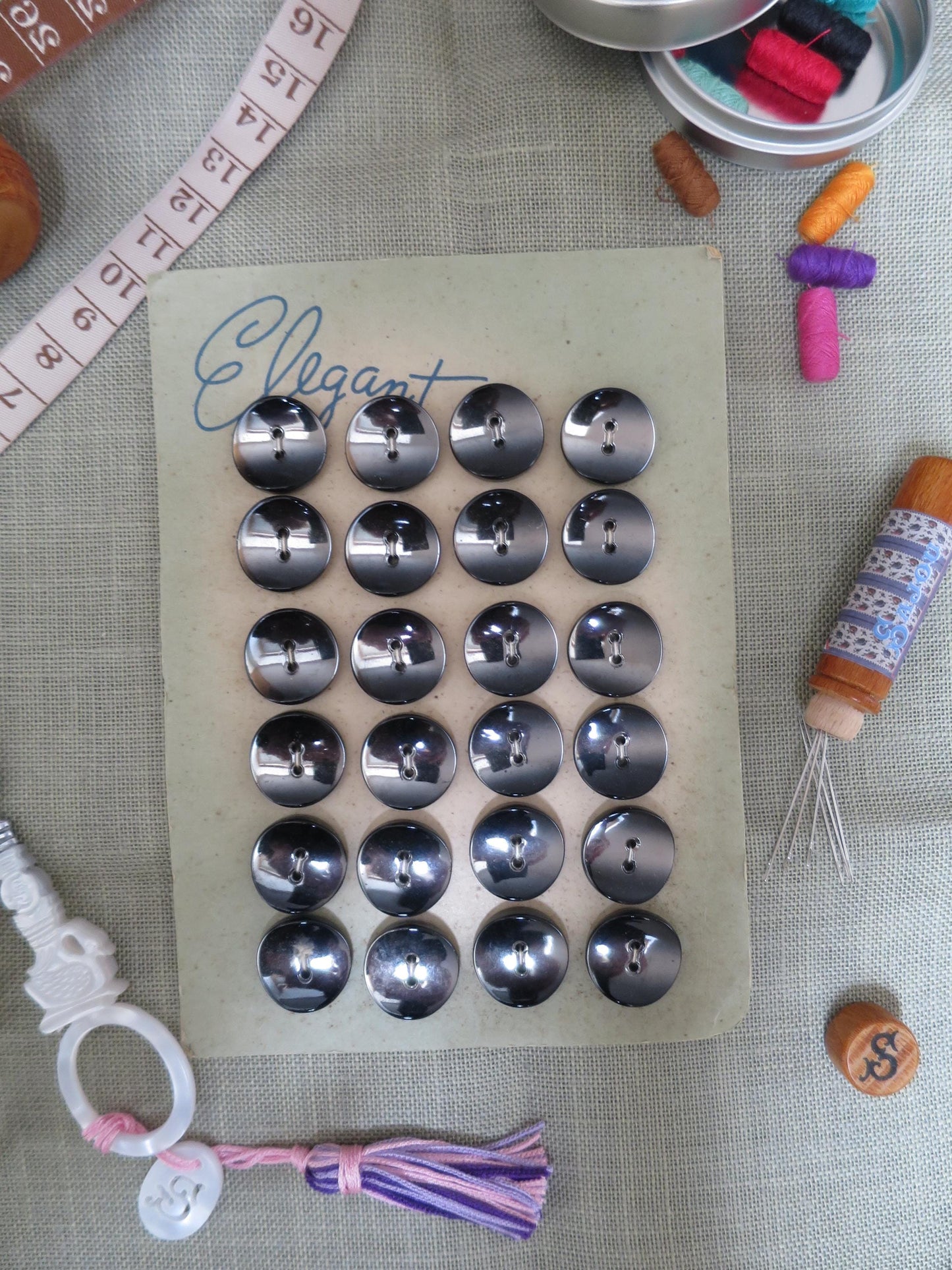 18 Antique Carded Art Deco Czechoslovakian Glass Buttons- Silver Convex Curve