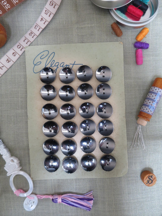 18 Antique Carded Art Deco Czechoslovakian Glass Buttons- Silver Convex Curve