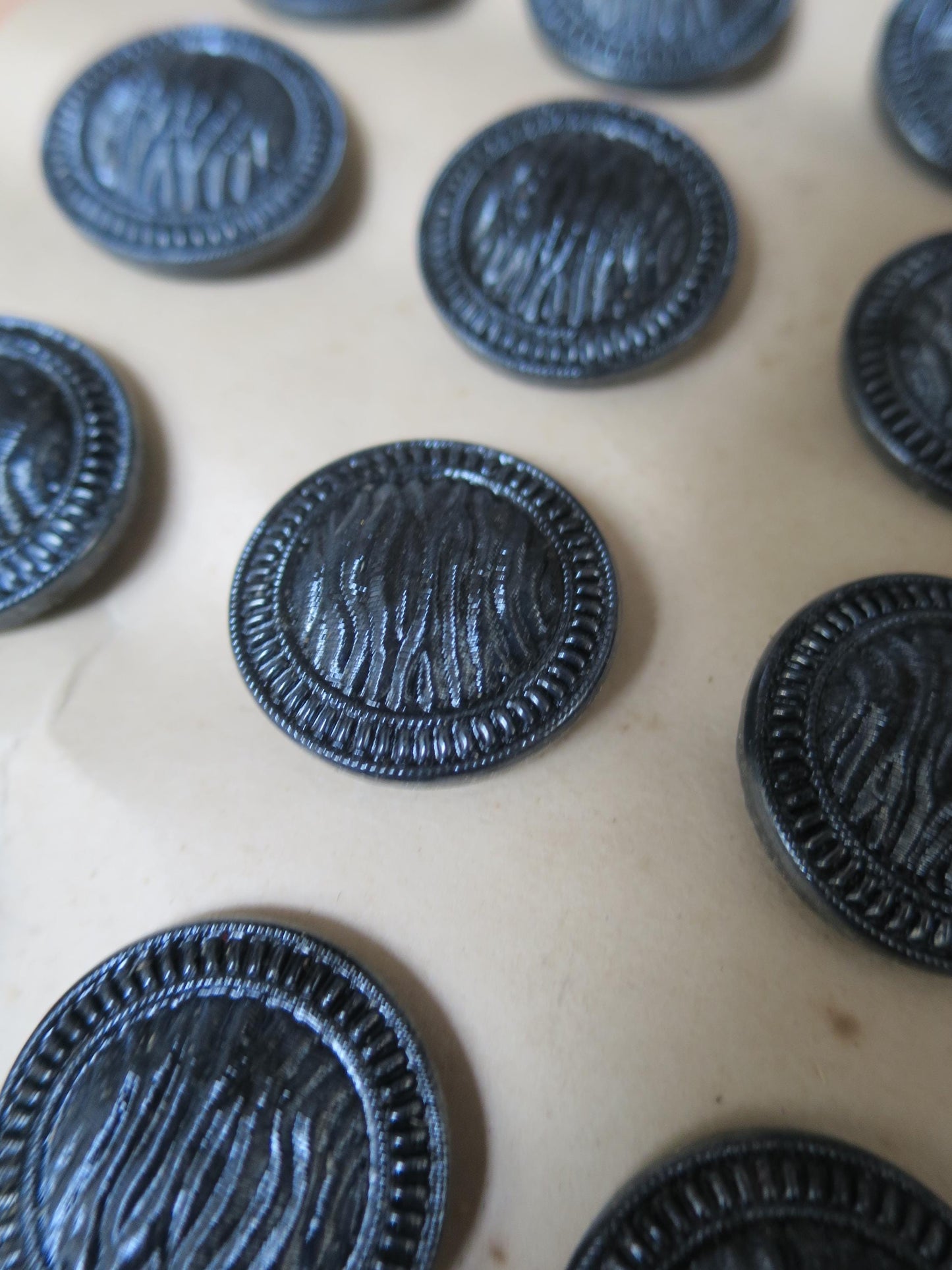 12 Antique Carded Art Deco Czechoslovakian Glass Buttons- Black Moire Texture Design