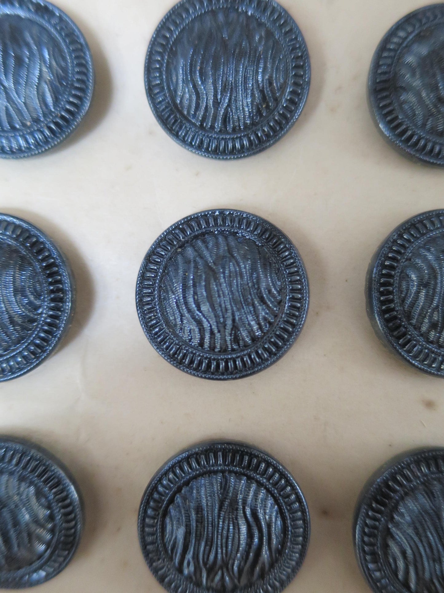 12 Antique Carded Art Deco Czechoslovakian Glass Buttons- Black Moire Texture Design