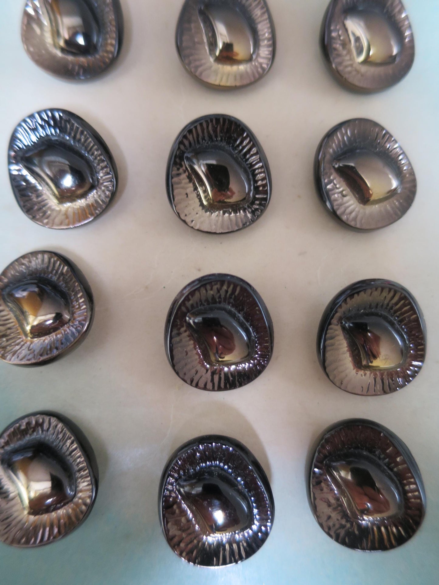 12 Antique Carded Art Deco Czechoslovakian Glass Buttons- Raised Asymetrical Design