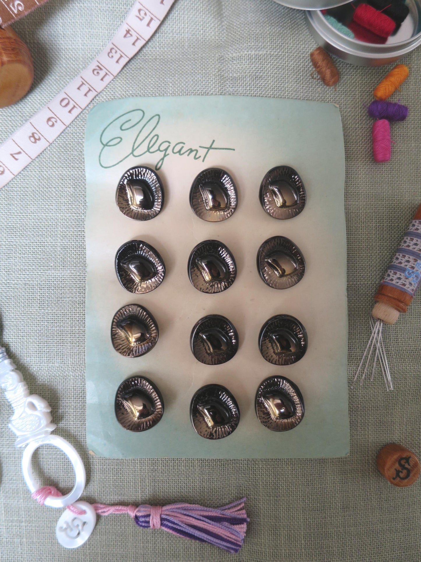 12 Antique Carded Art Deco Czechoslovakian Glass Buttons- Raised Asymetrical Design