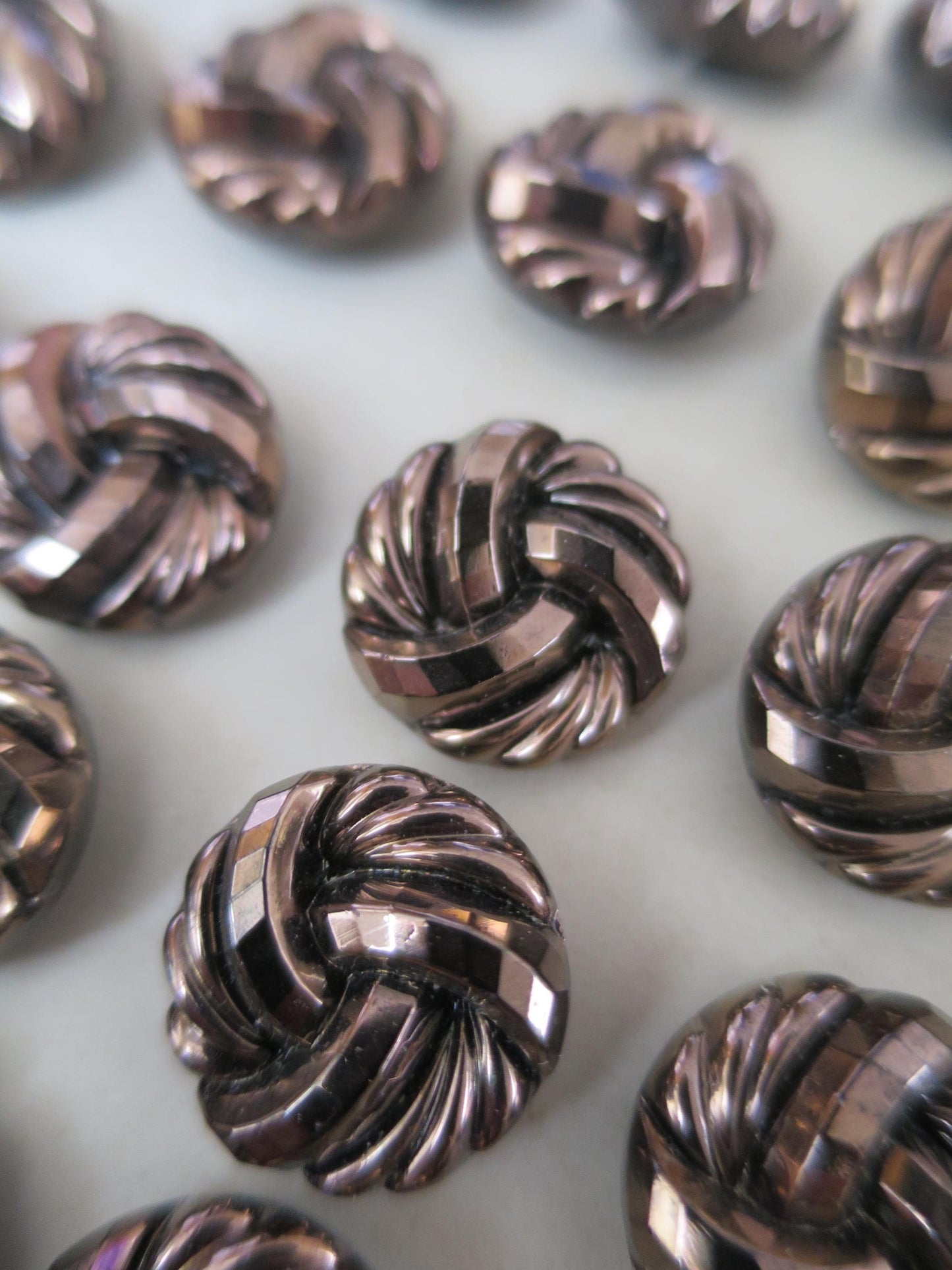 24 Antique Carded Art Deco Czechoslovakian Glass Buttons- Gold Faceted Love Knots Design