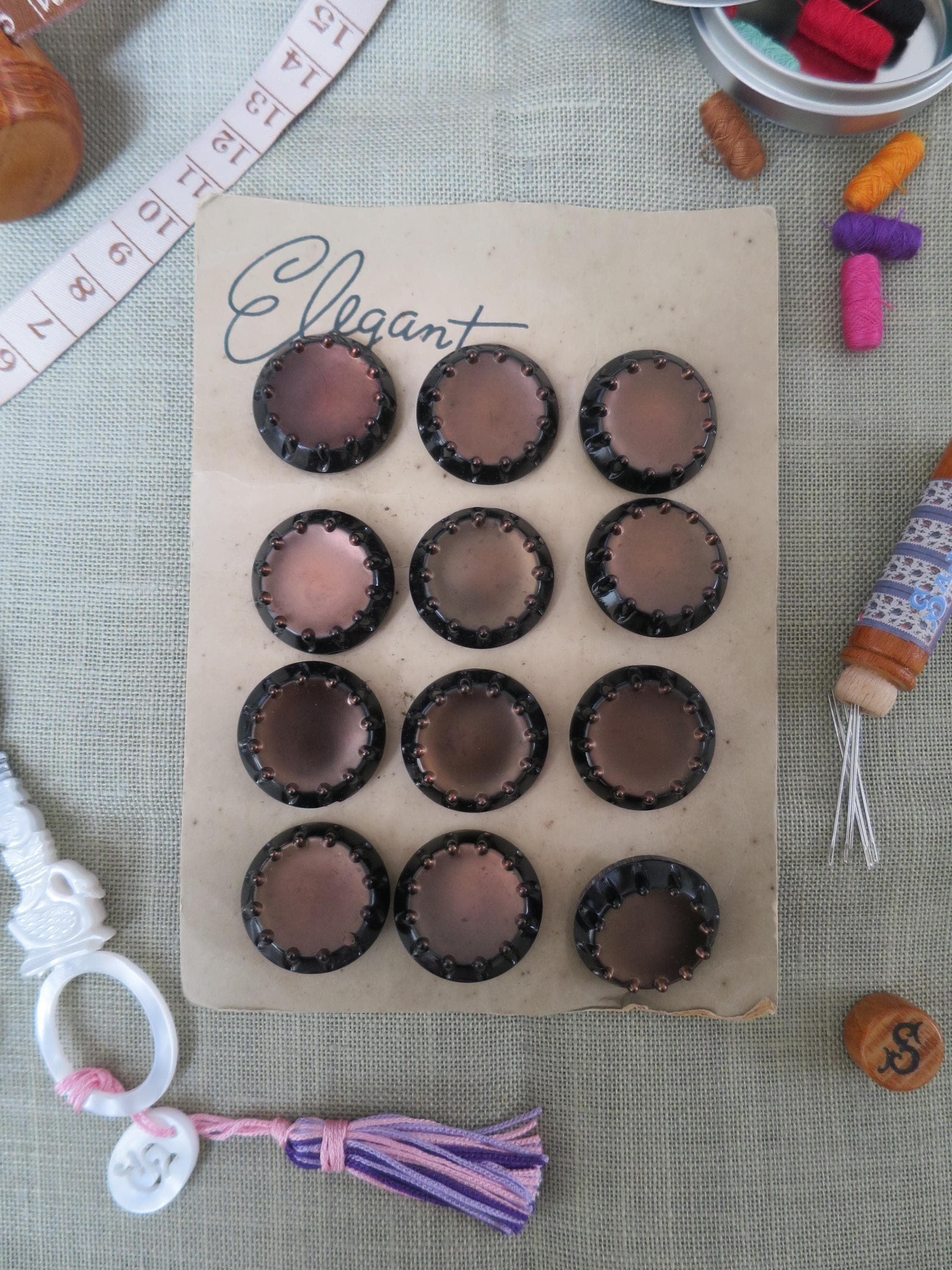 12 Antique Carded Art Deco Czechoslovakian Glass Buttons- Raised Tooth Borderl Design