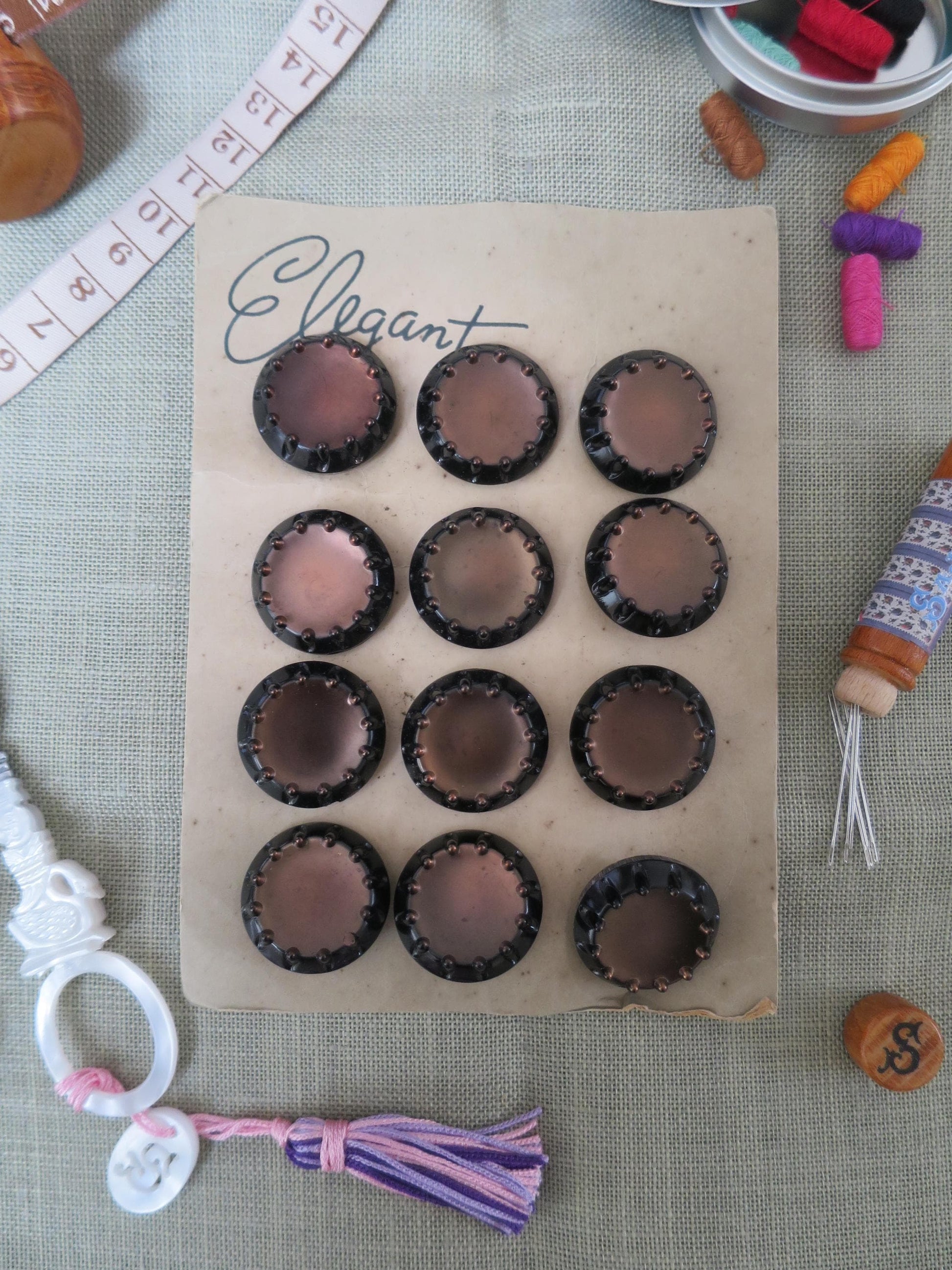 12 Antique Carded Art Deco Czechoslovakian Glass Buttons- Raised Tooth Borderl Design