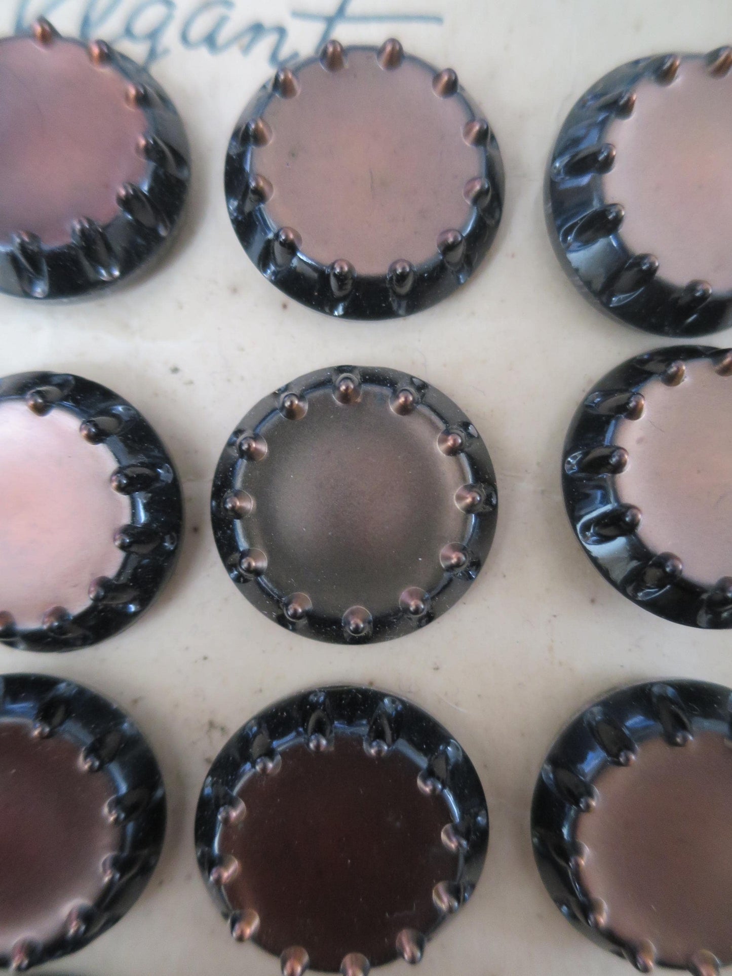 12 Antique Carded Art Deco Czechoslovakian Glass Buttons- Raised Tooth Borderl Design