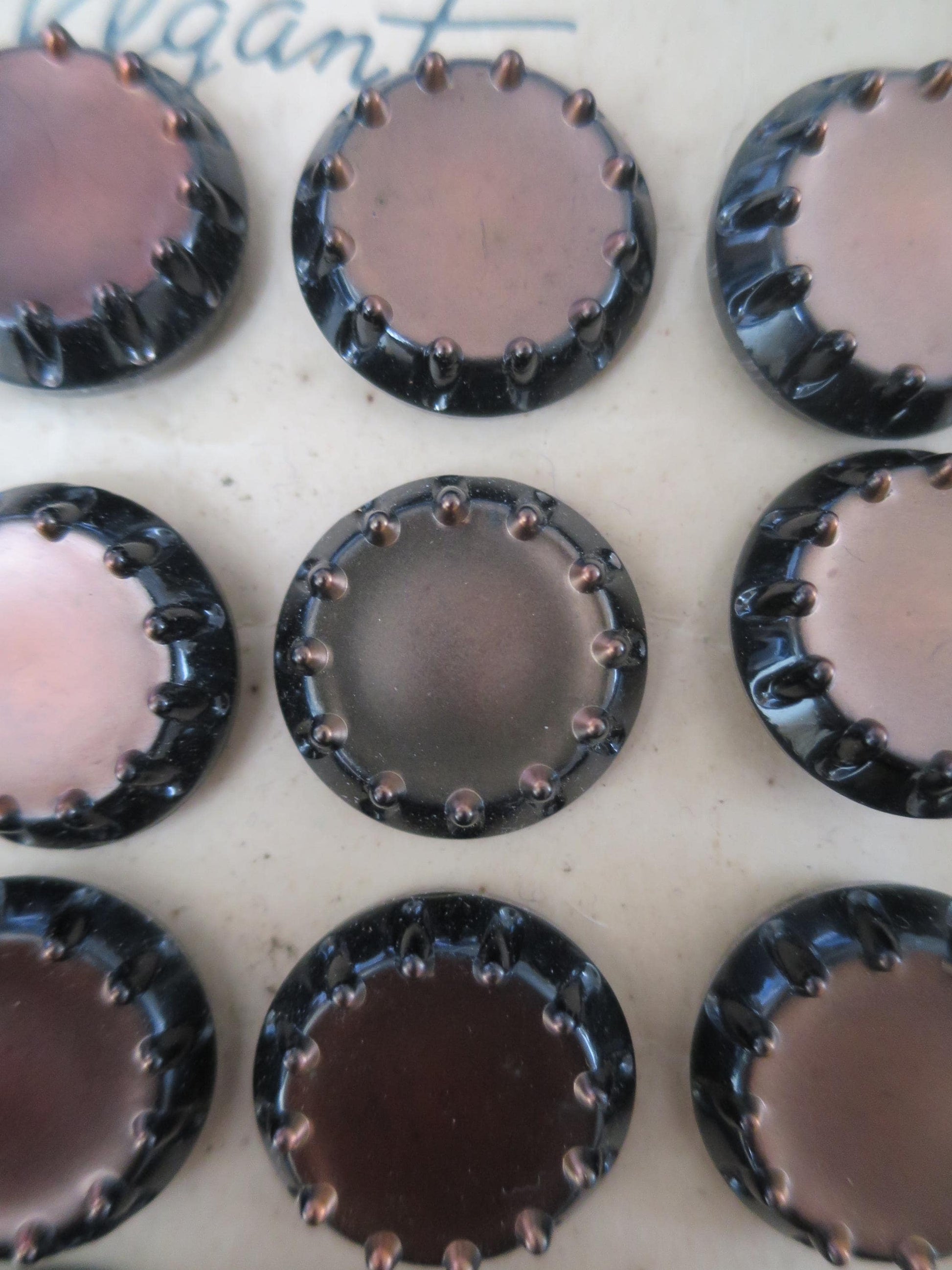12 Antique Carded Art Deco Czechoslovakian Glass Buttons- Raised Tooth Borderl Design