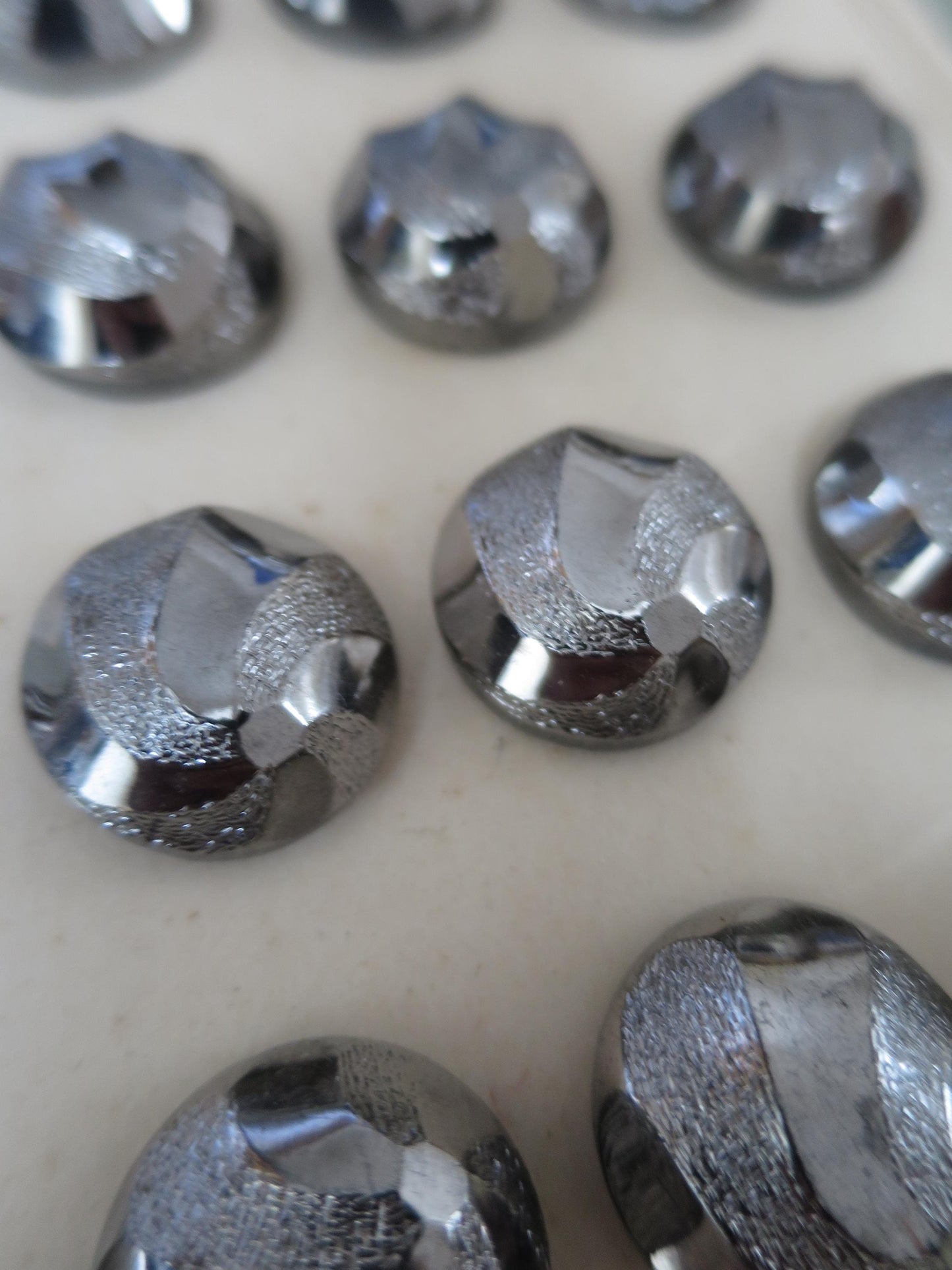 12 Antique Carded Art Deco Czechoslovakian Glass Buttons- Chrome Stippled Swirls Design