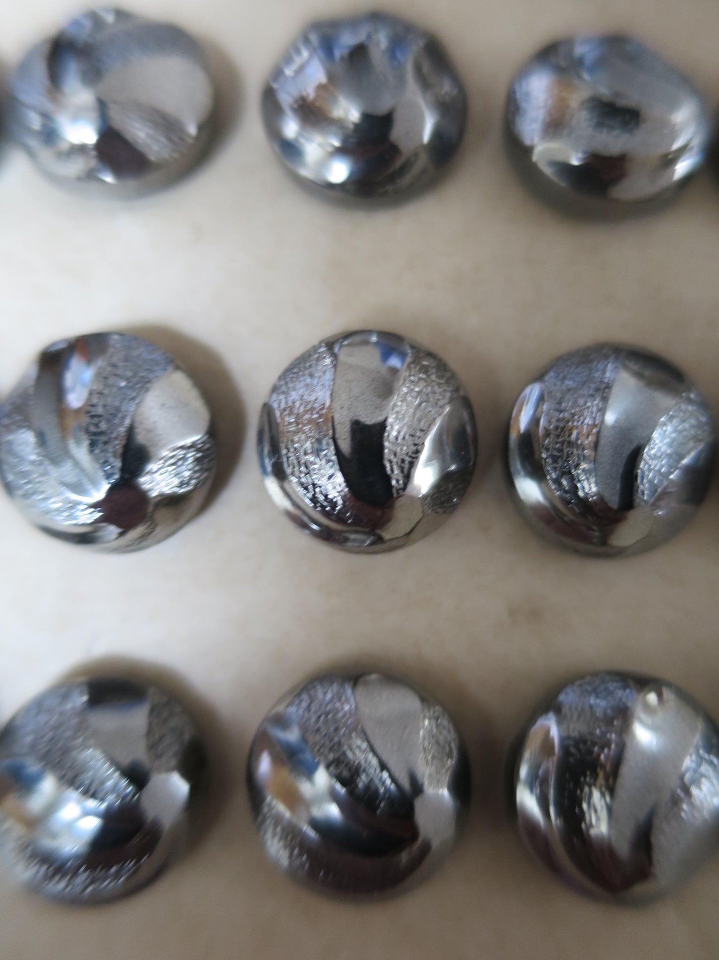 36 Antique Carded Art Deco Czechoslovakian Glass Buttons- Chrome Stippled Swirls Design