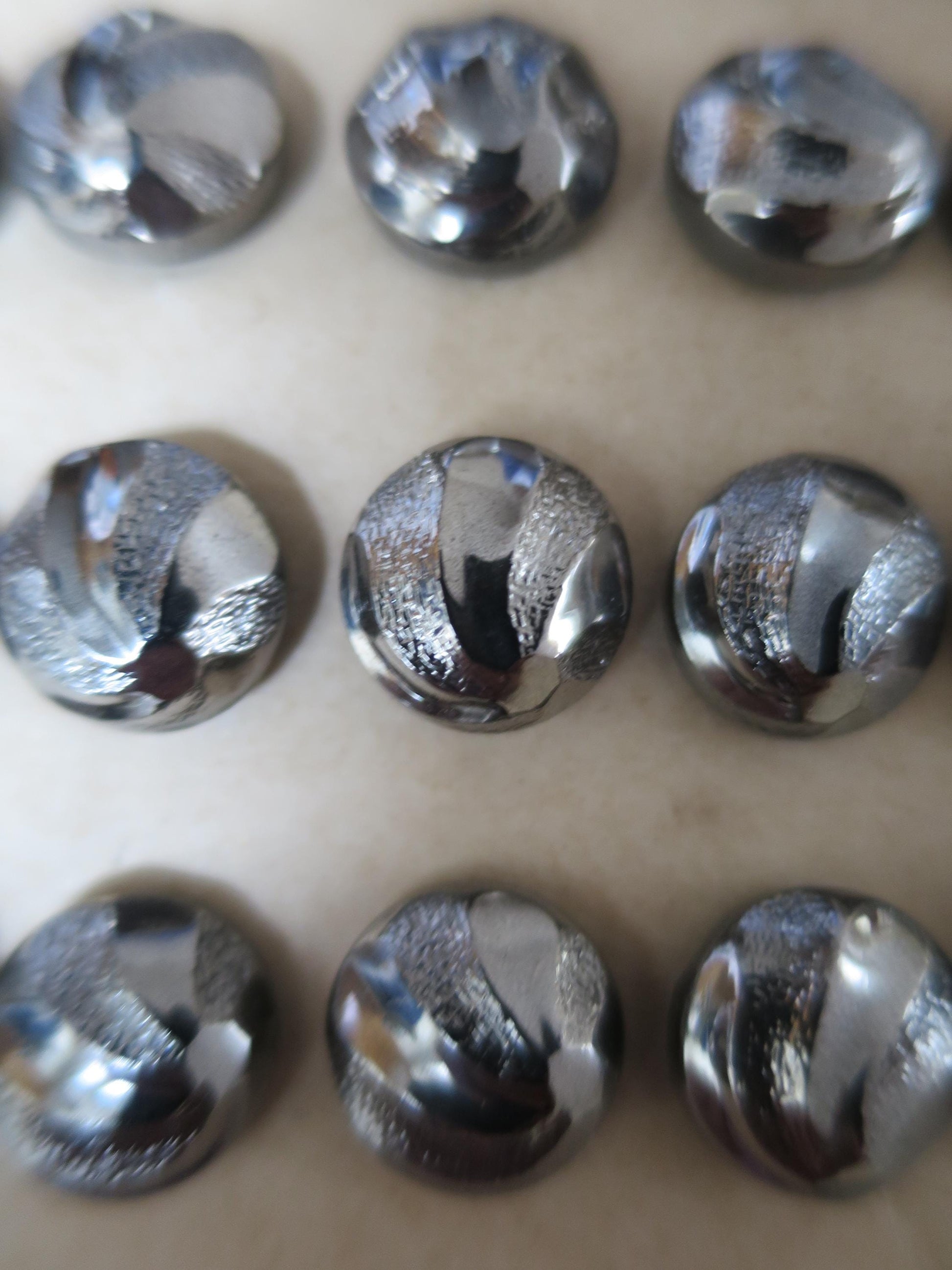 36 Antique Carded Art Deco Czechoslovakian Glass Buttons- Chrome Stippled Swirls Design