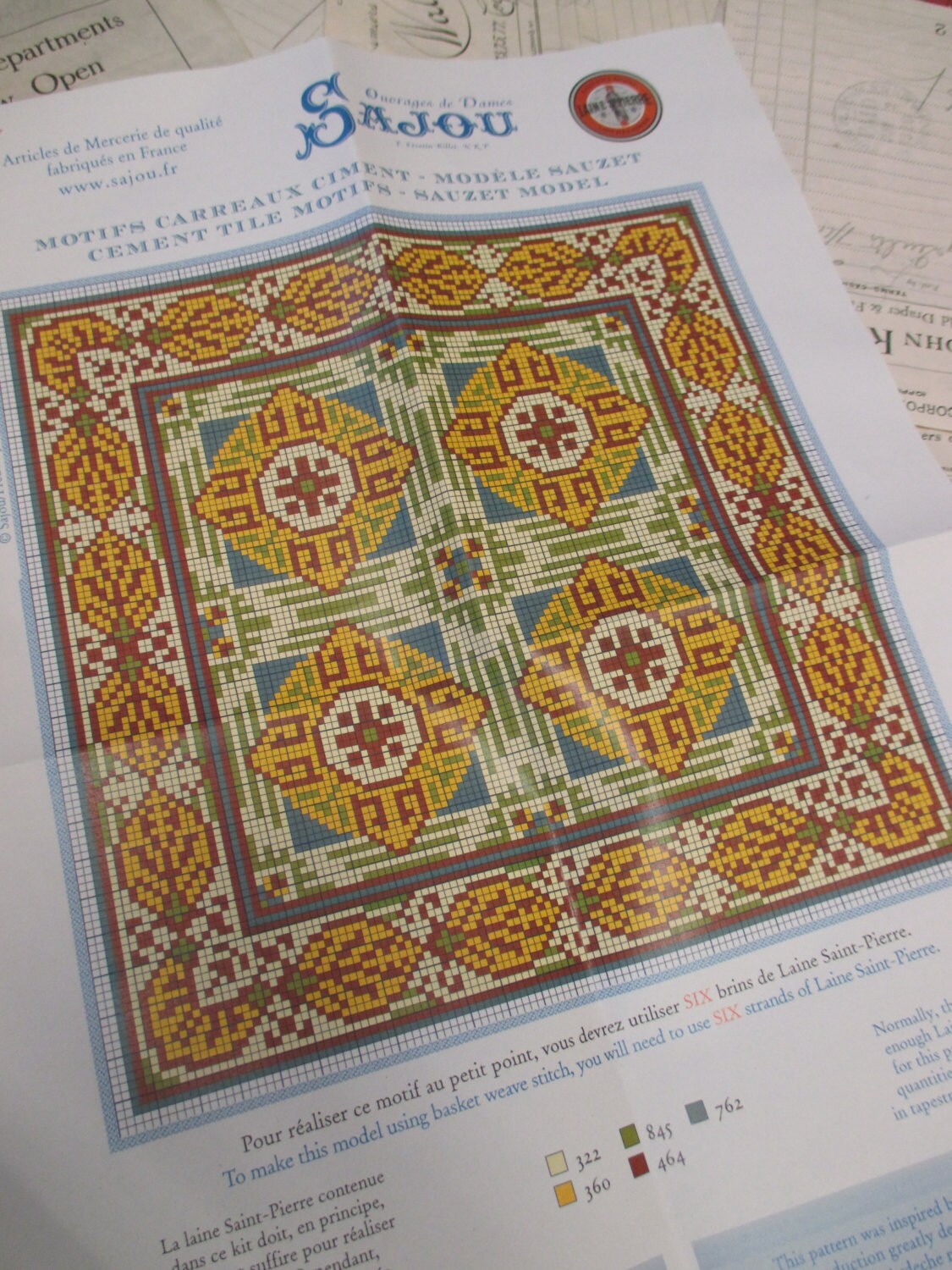 Sajou French Cement Tile Basketweave Needlepoint Tapestry Kit- Sauzet