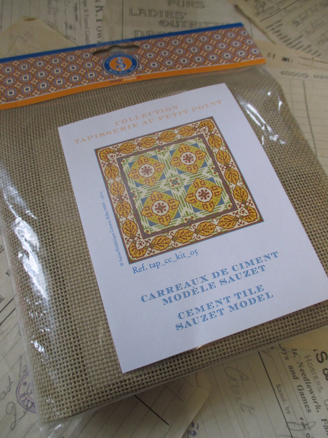 Sajou French Cement Tile Basketweave Needlepoint Tapestry Kit- Sauzet
