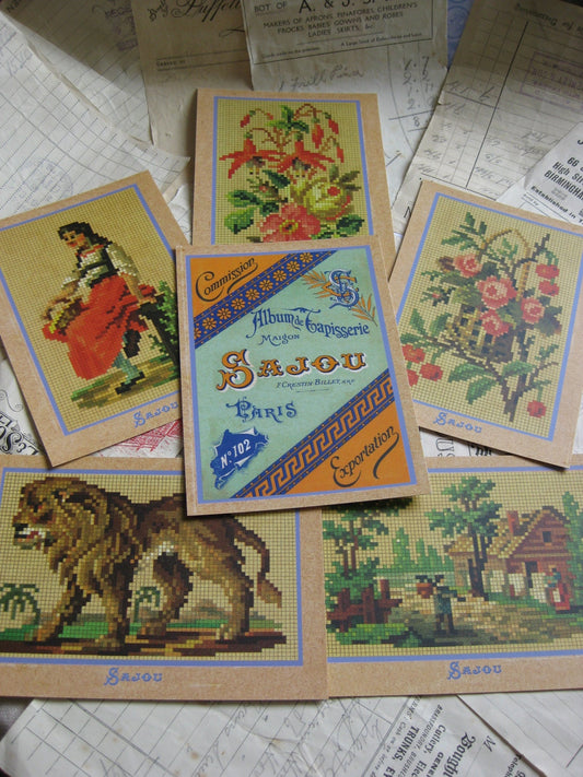 Sajou Six Vintage Tapestry Postcards- Serie 3 Scenes & Flowers