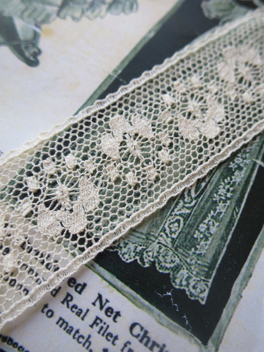 Ecru English Nottingham Lace- Valenciennes Floral Spot- Insertion- 2.7 cm