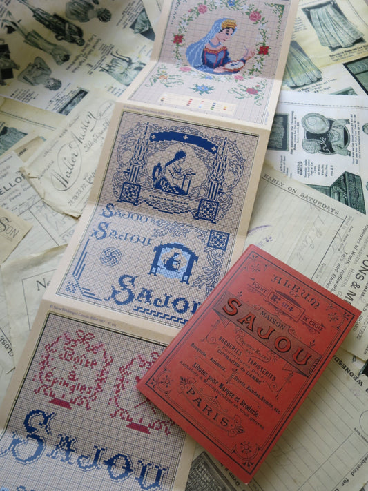 Sajou Red Cross Stitch Album 915- Pin & Button Box Lids and Vintage Sajou Adverts