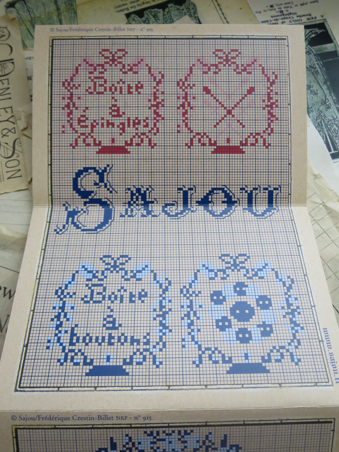Sajou Red Cross Stitch Album 915- Pin & Button Box Lids and Vintage Sajou Adverts