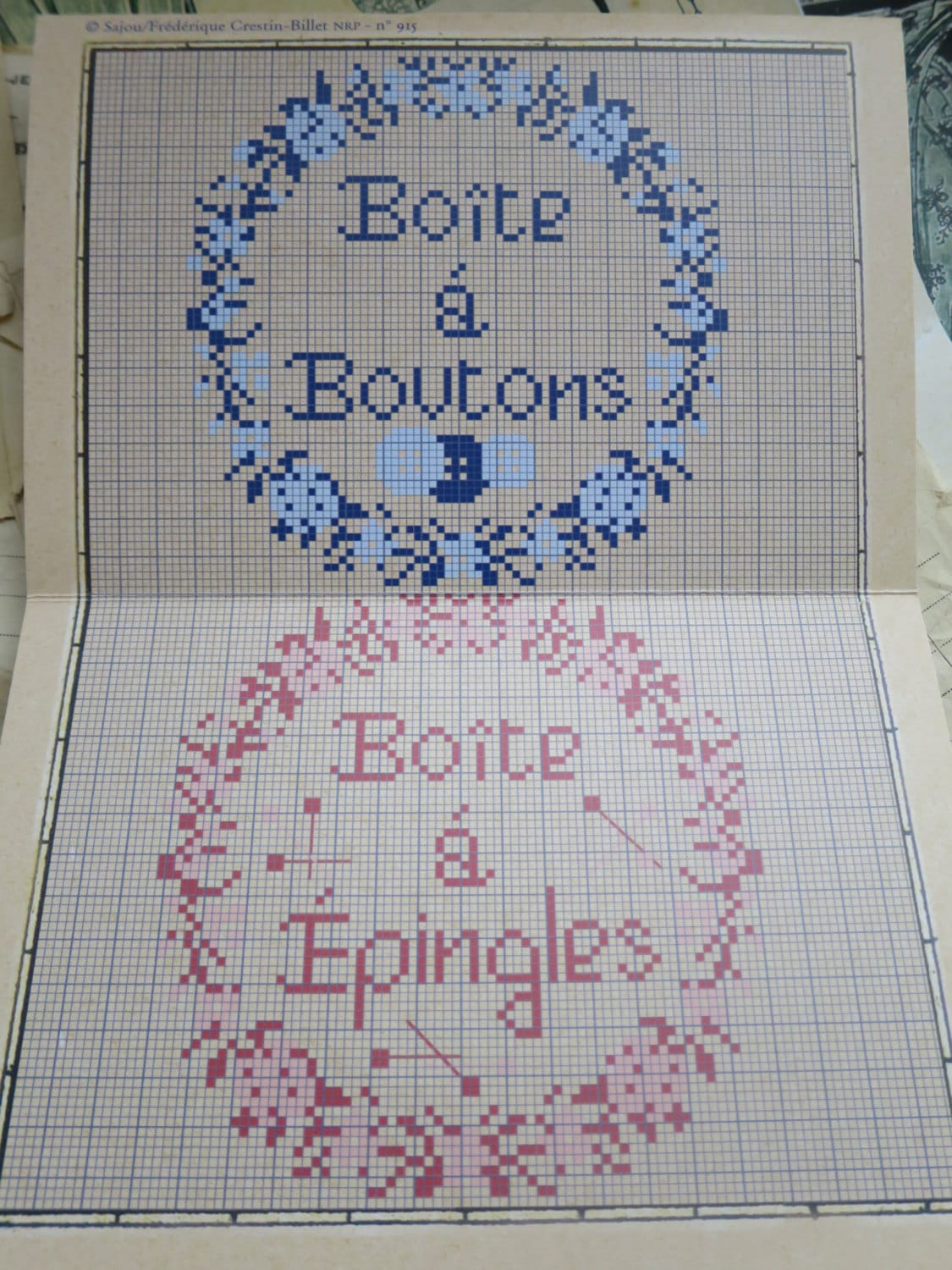 Sajou Red Cross Stitch Album 915- Pin & Button Box Lids and Vintage Sajou Adverts