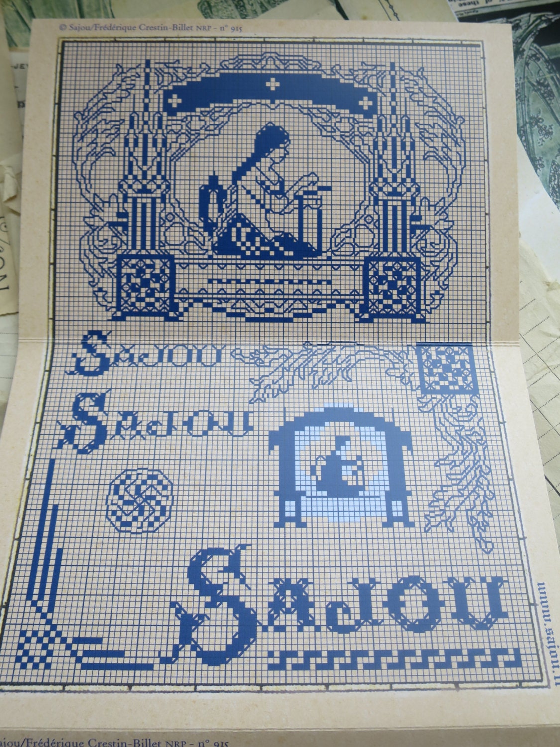 Sajou Red Cross Stitch Album 915- Pin & Button Box Lids and Vintage Sajou Adverts